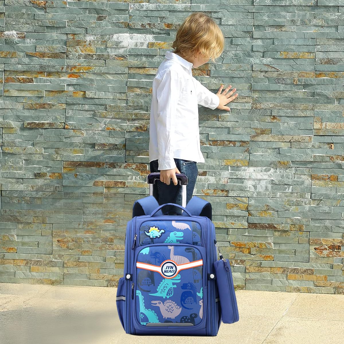 PALAY School Backpack for Boy Backpack on Wheel SchoolBoy 6-12 Years Old Waterproof Cartoon Print Boys Backpack with Detachable Wheel Stand Lightweight Travel Backpack for Kids