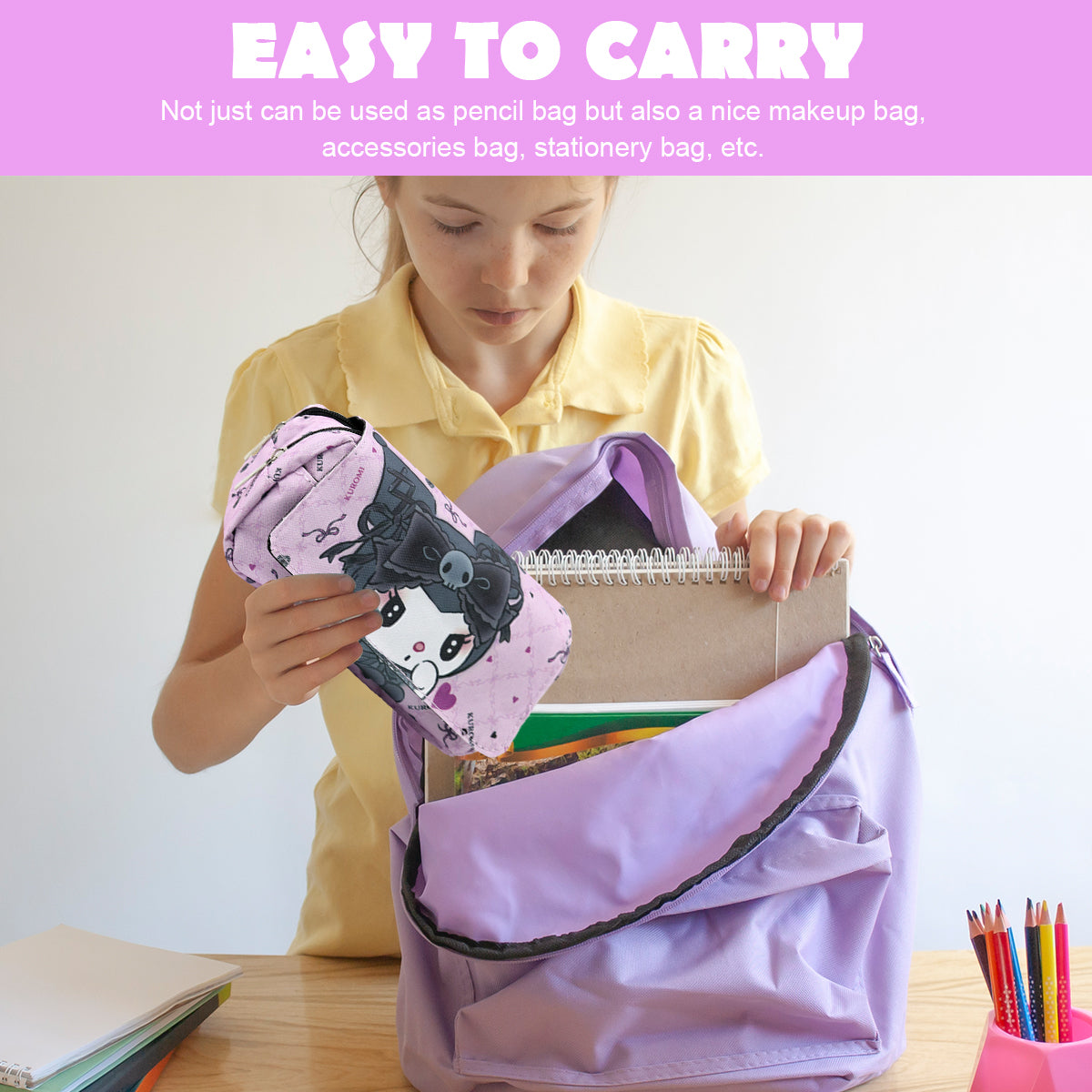 HANNEA® Pencil Case Large Capacity Students pencil pouch Double LayerPencil Bag Pen Case Cute Kuromi Oxford Cloth Pencil Case Stationeries Holder Organizer for Gift School Office Supplies, Purple