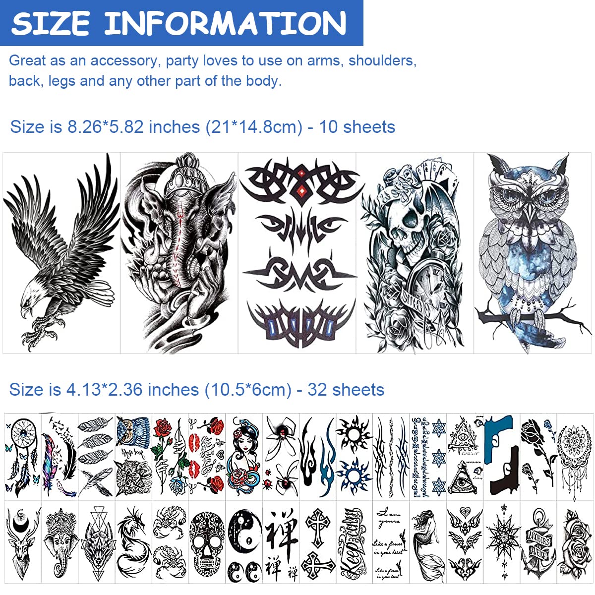 HASTHIP 42 Sheets Waterproof Skull Variety Eagle Temporary, Assorted Tattos Sticker for Men & Women Body Art