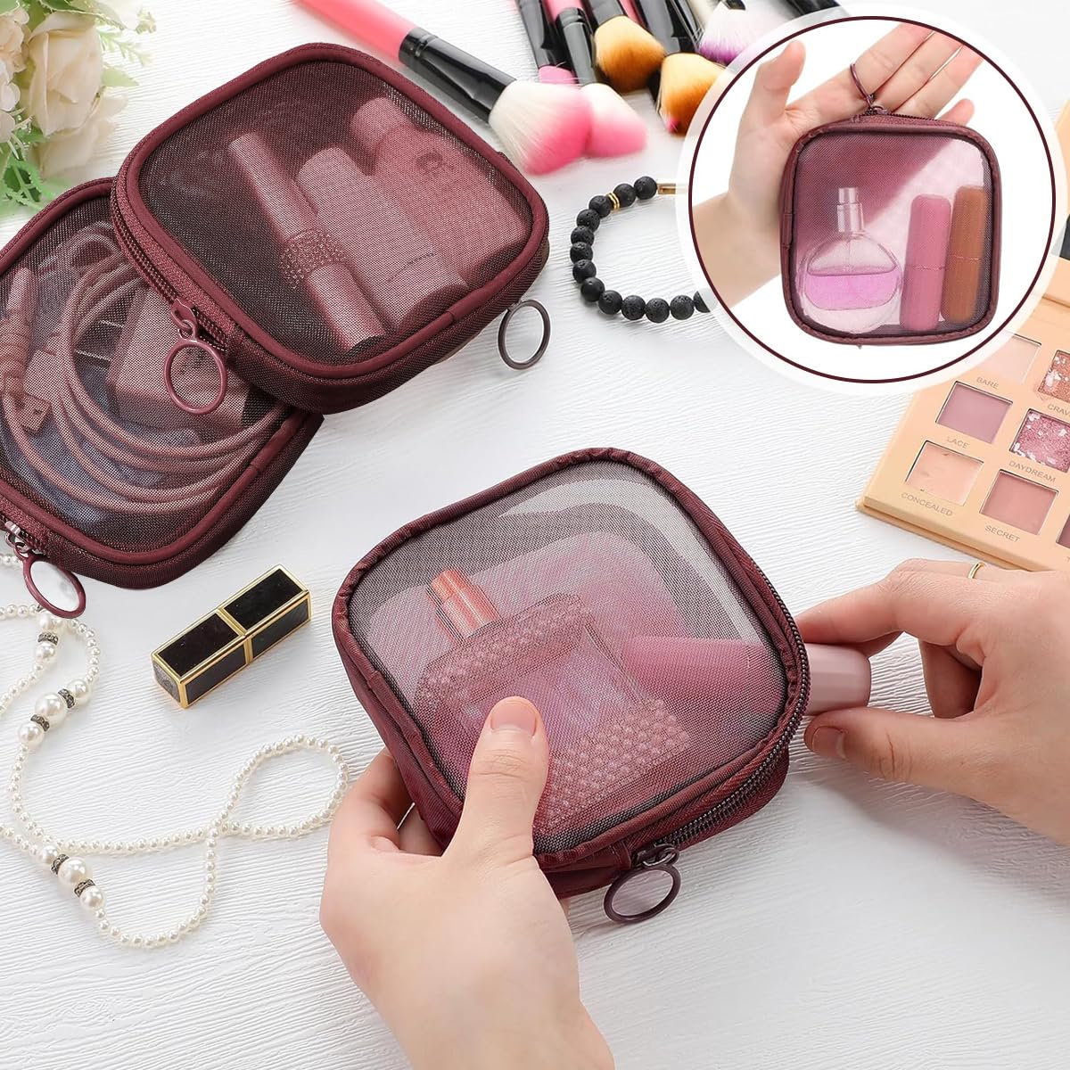 MAYCREATE 4pcs Mesh Makeup Pouch Small Zipper Cosmetic Bags for Women 4.7'' Square Fashion Lipstick Pouches for Women, Nylon Mini Cash Toiletry Organizer Bag for Daily Accessories - Wine Red