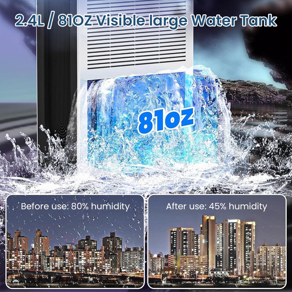 HANNEA 2.4L Dehumidifiers for Room Home, 400 sq. ft Small Dehumidifier for Bedroom Bathroom Cloakroom RV Closet, Quiet Dehumidifier with Auto Shut Off, 7 Colors LED Light