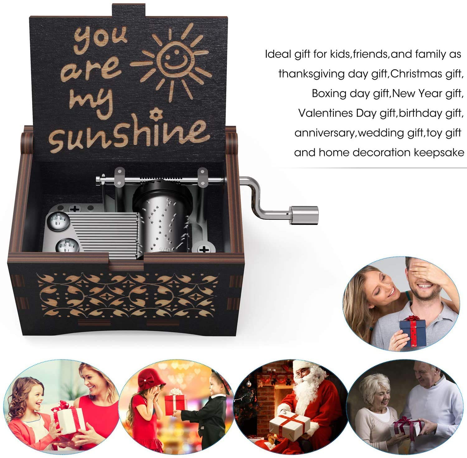 PATPAT You are My Sunshine Wood Music Boxes,Laser Engraved Vintage Wooden Sunshine Musical Box,Wooden Classic Music Box Crafts with Hand Crank (Wooden-Black)