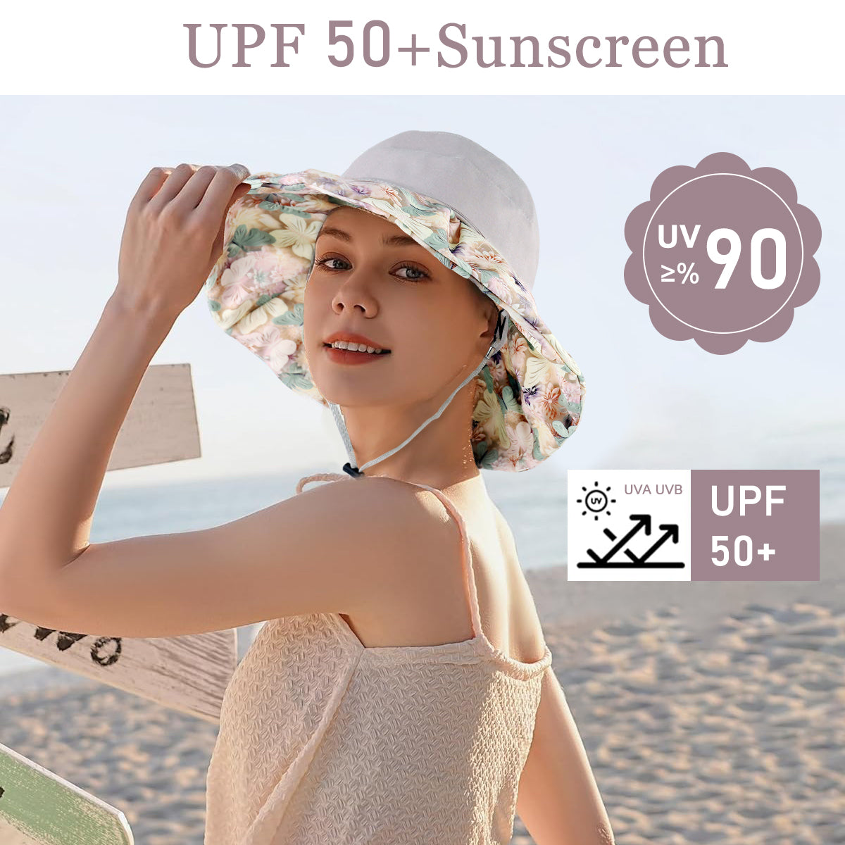 SANNIDHI Bucket Hat for Women Stylish, Sun Hats for Women, Floral Wide Brim Beach Hat for Women, UV Sun Protection Breathable Fishing Hat with Detachble Chin Strap (Mesh Liner, Flexible Brim )