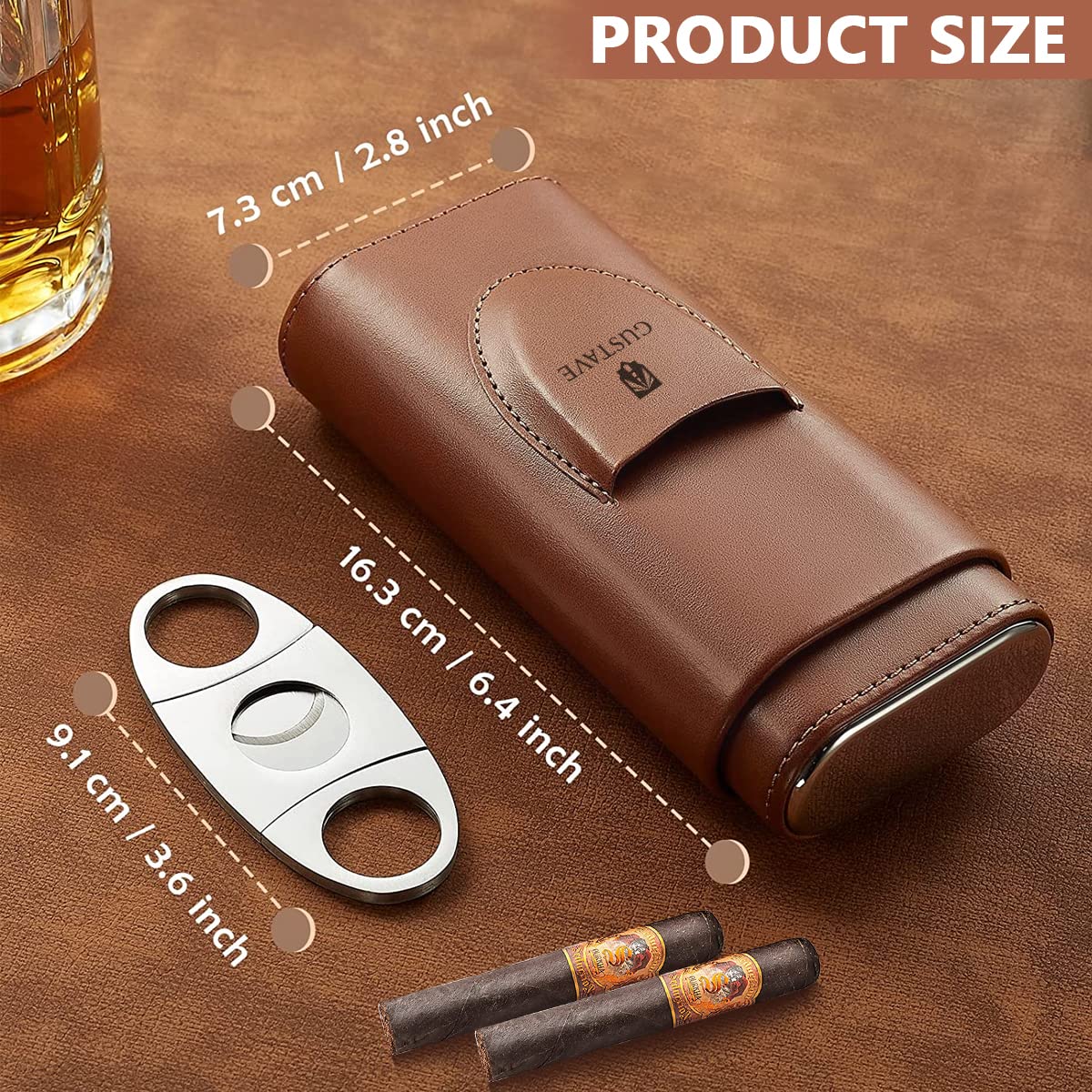 GUSTAVE Cigar Case, Holds Up to 3 Cigars, Cedar Wood Lining Travel Cigars Case, Leather Cigar Case with Stainless Steel Cigar Cutter, Cigar Gift Set for Man (2PCS)