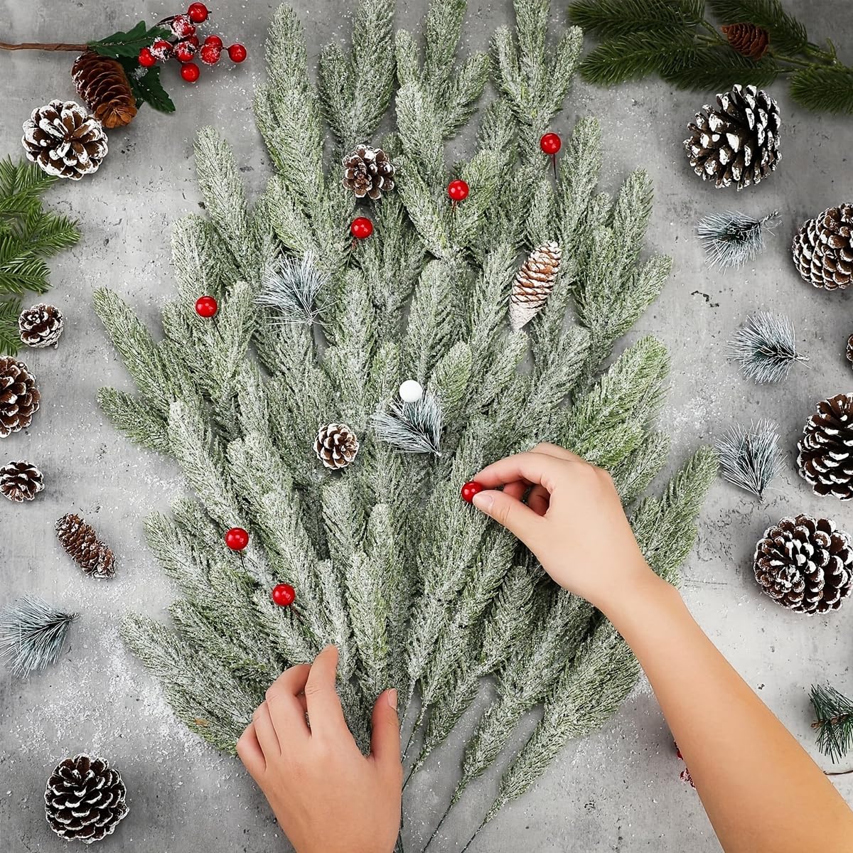 HASTHIP 30pcs Christmas Tree Ornaments 10.24inches Snow-Dusted Pine Branches Green Flocked Pine Needle Branches Multi Purpose Decorative Christmas Pine Branches for Garland Wreath Home Garden Decor