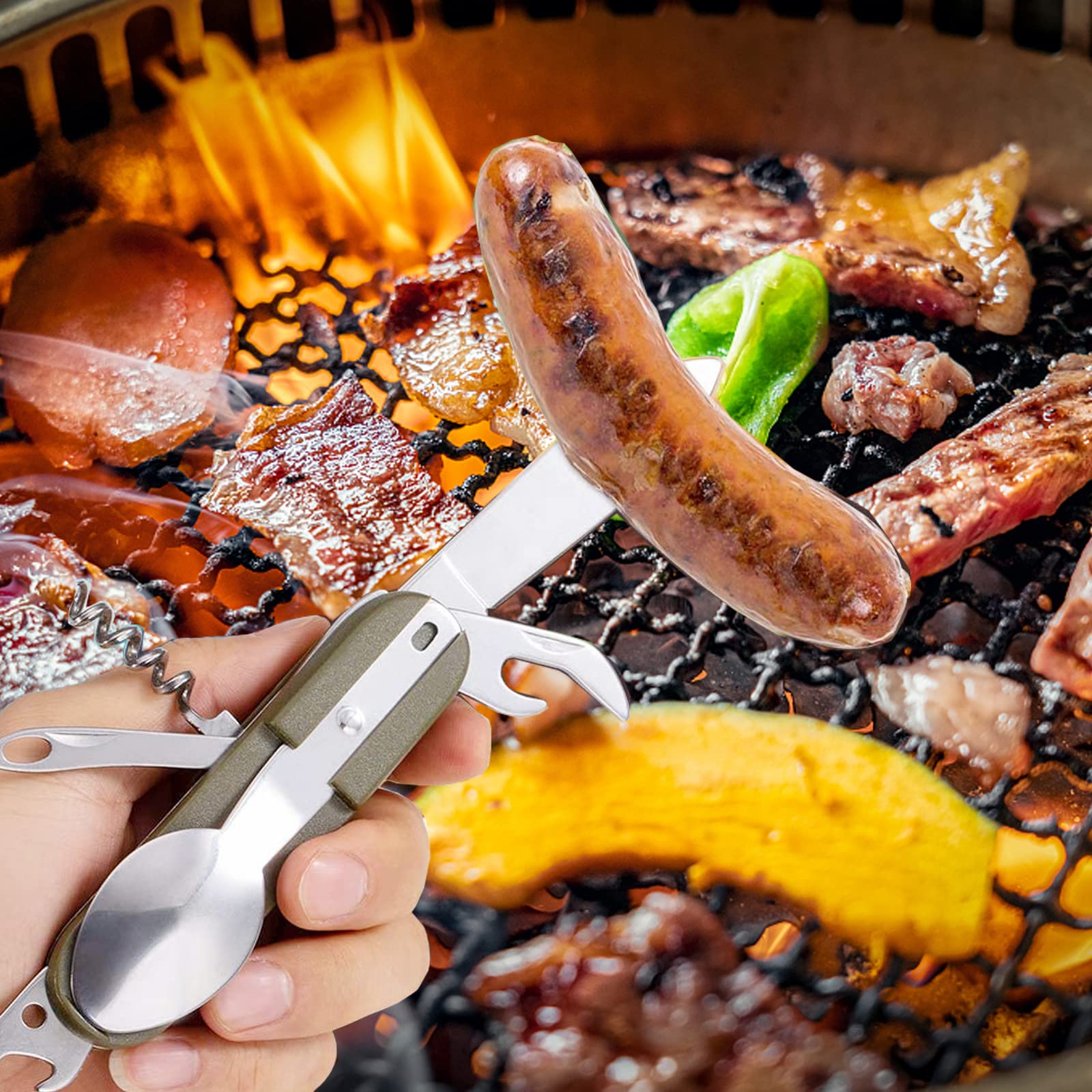 Proberos Plastic 7 In 1 Camping Cutlery For Camping Picnic Hiking Trekking, Outdoor Cutlery Picnic Tableware Combination, Detachable Spoon And Fork Folding Knife Cork Opener And Can Opener