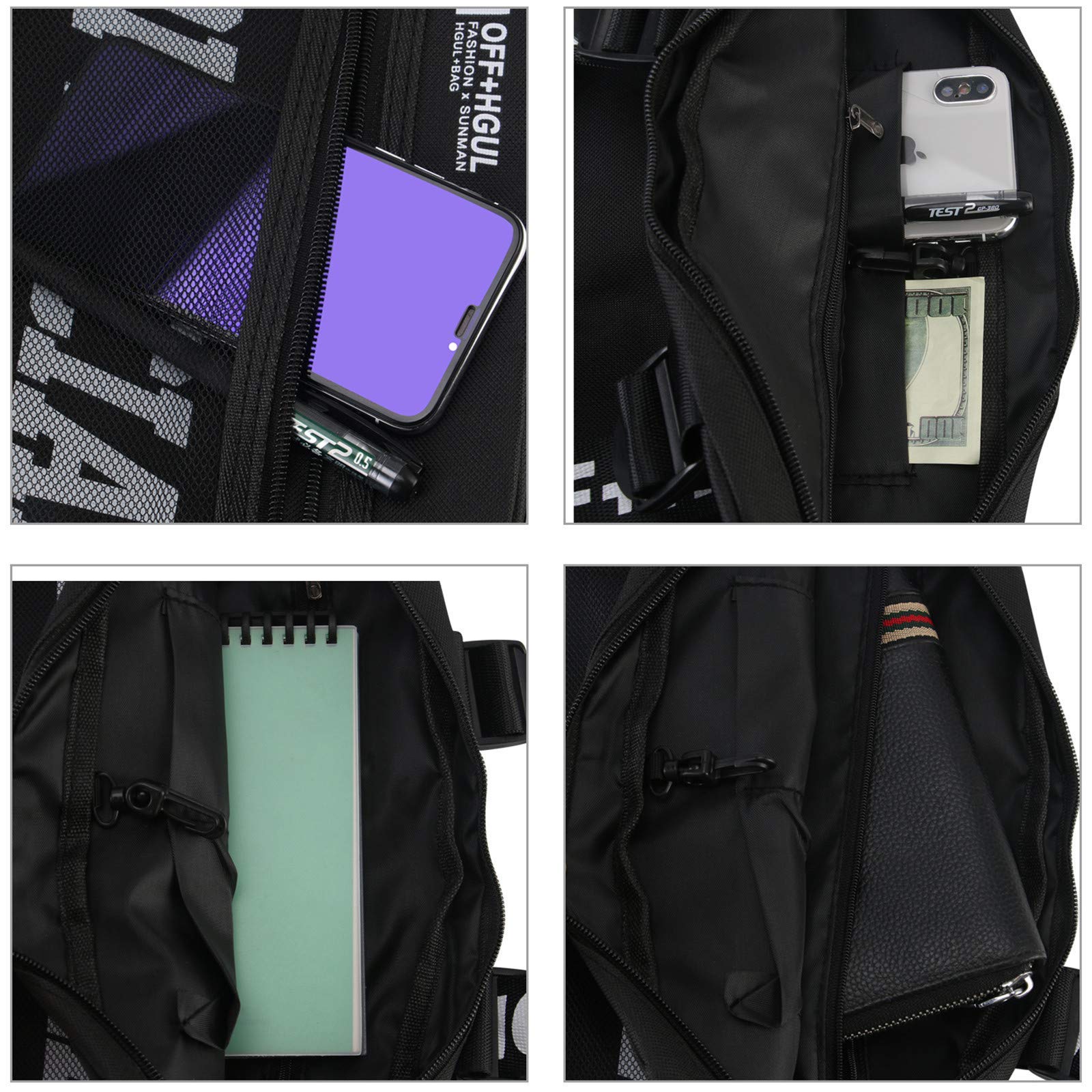 GUSTAVE Men's Chest Pocket Drawstring Reflective Practical Lamp Fashion Backpack (Black)