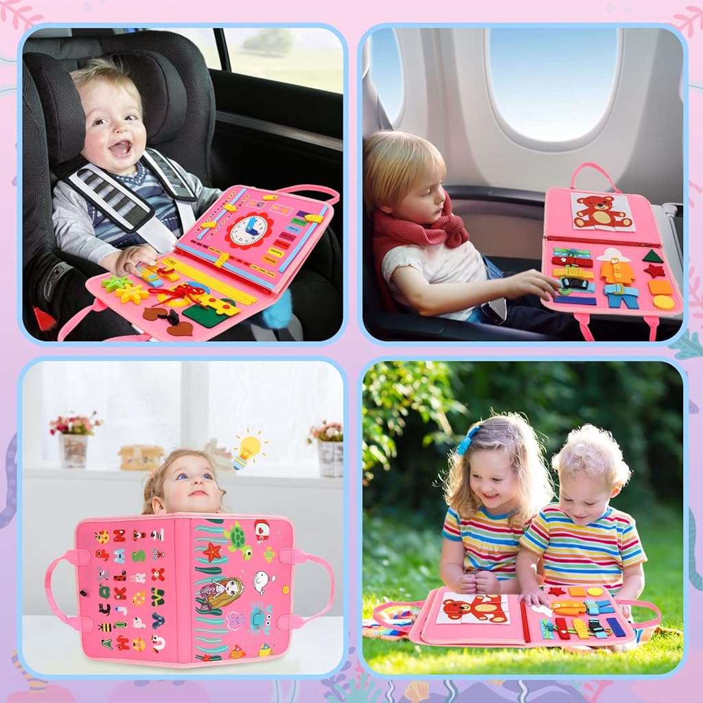 PATPAT® Busy Book for Toddlers Aged 2-3 Years Old Cartoon Mermaid Felt Busy Book Montessori Based Activity Book for Motor Skill Development Travel Portable Busy Book Life Skill Learning Toy Book