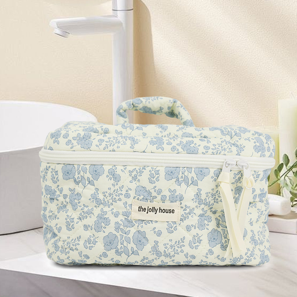 MAYCREATE® Makeup Organizer Bag, Large Cosmetic Organizer Bag, Floral Print Makeup Bag, Soft Cotton Toiletries Cosmetic Bags for Women, Travel Toiletry Pouch for Women, with Handle (25x15x16cm)