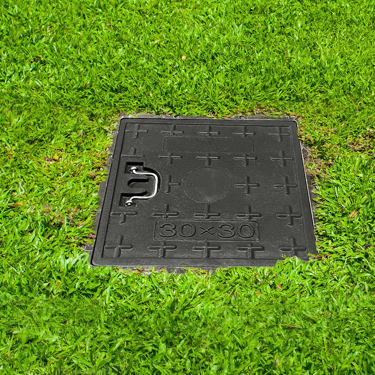 HASTHIP Square Manhole Cover - Lightweight Resin Manhole Cover with Folding Metal Handle, 11.8''x11.8''x1.37'' Square Inspection Chamber Cover for Urban Utility Access