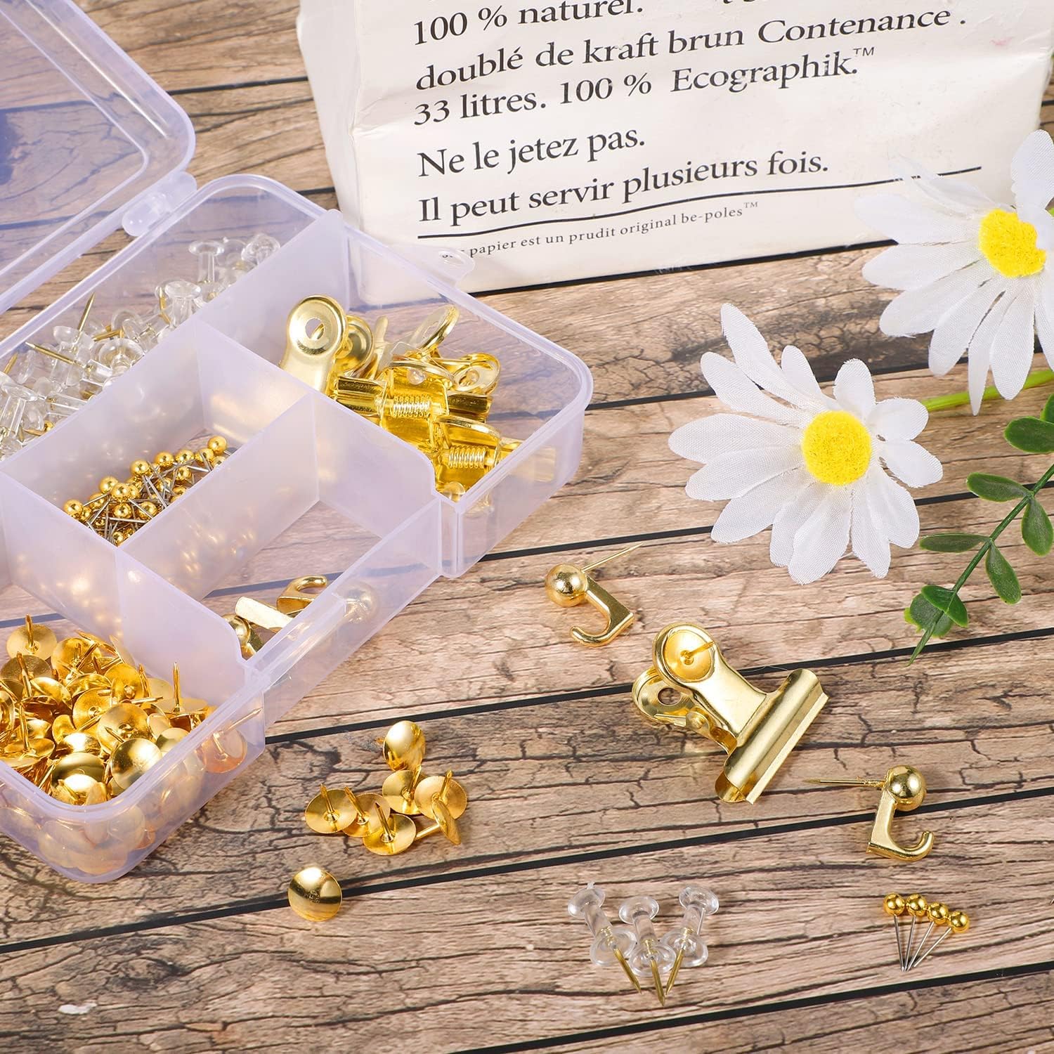 Climberty 310 Pcs Gold Board Pins Set, Gold Thumb Tacks Decorative Push Pins for Cork Board with Push Pin Hook Pushpin Clip 5 Style Gold Office Accessories for Cork Board Map Office