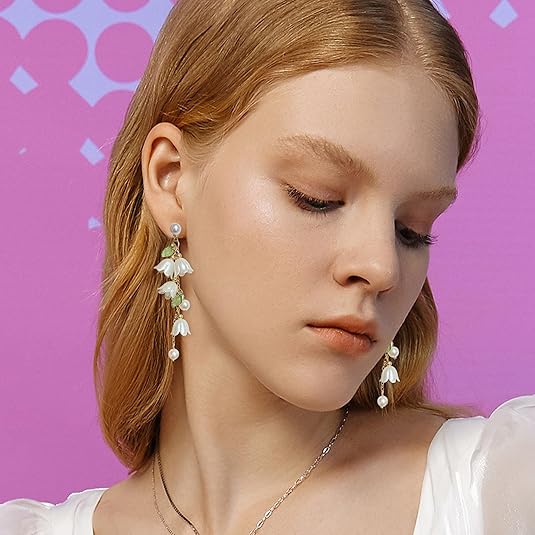 SANNIDHI® 1 Pair Drop Earrings for Women Girls Dangle Earring White Lily of the Valley Pendent Charm 2.95 inch Tassel Floral Elegance Drop Earrings Women Jewelry Gift