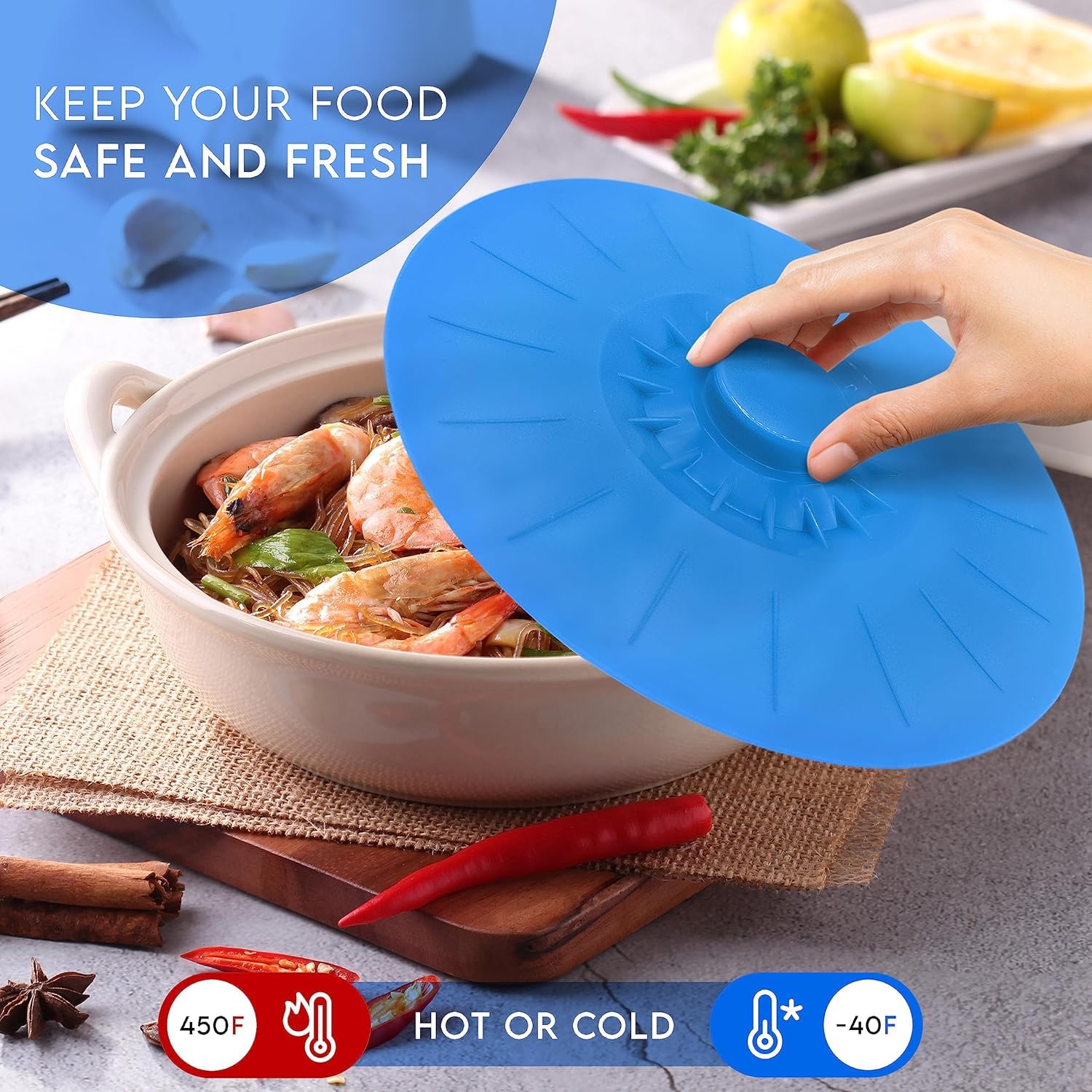 HASTHIP Silicone Lid for Containter 5 Sizes Silicone Bowl Lids Reusable Suction Seal Covers for Pots, Cups, Bowls, Heat Resistant Silicone Lid, Blue