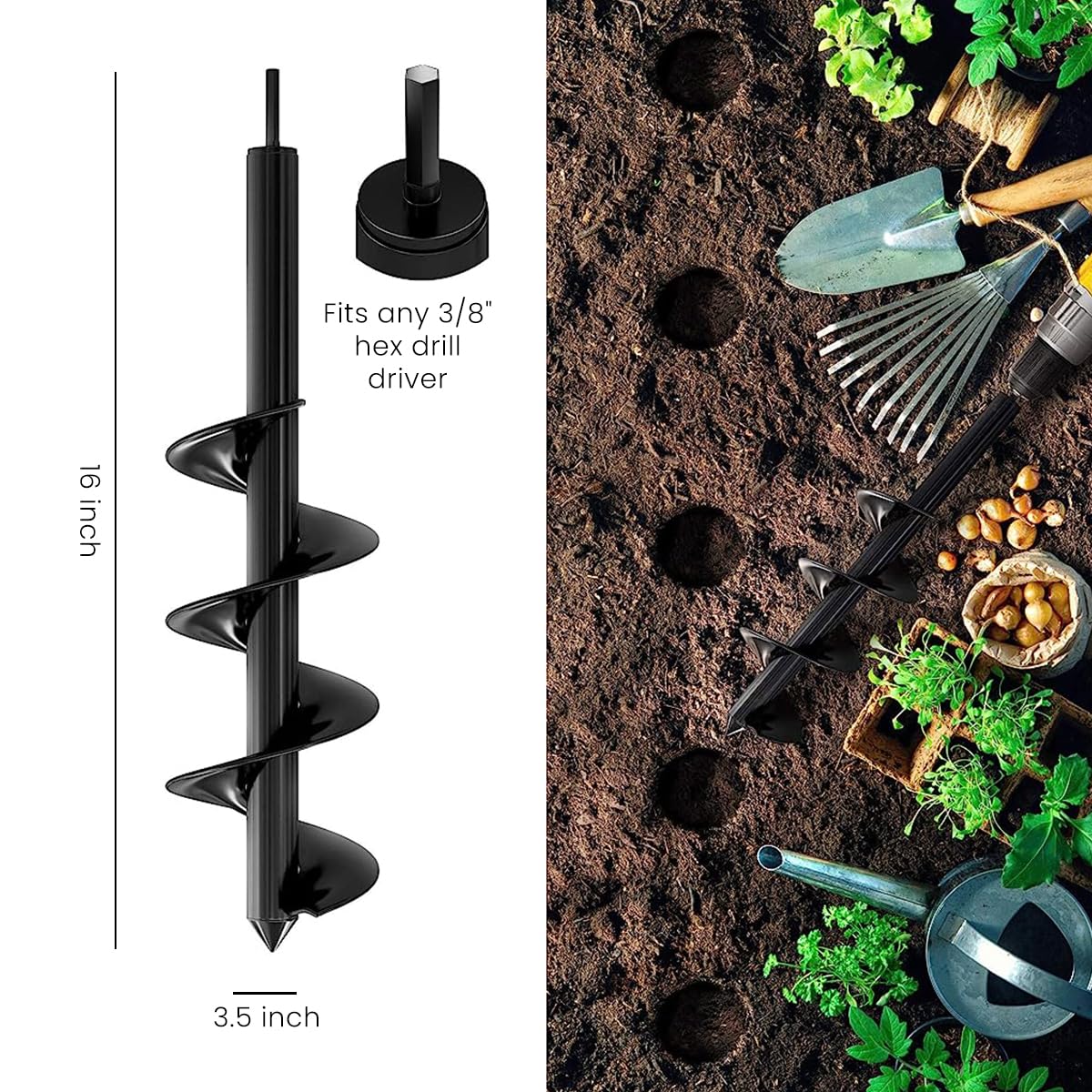 Optifit 2pcs Auger Drill Bit for Planting Gardening, 1.6 x 16In & 3.5 x 16In Twist Drill Bit, Carbon Steel Twist Drill Bit, Suit for 3/8