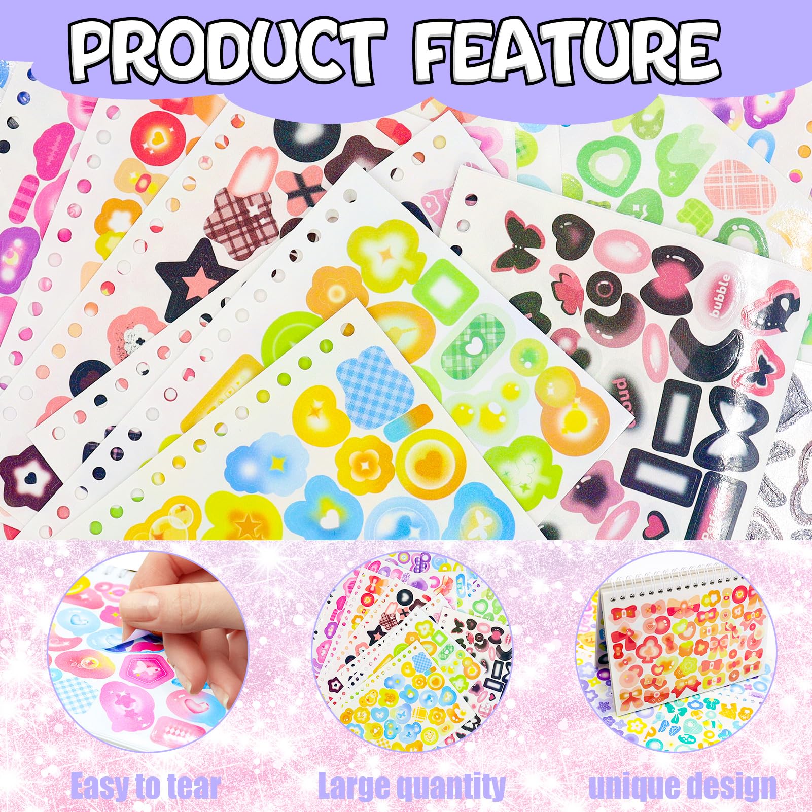 HASTHIP 2300PCS Scrapbook Stickers, 50 Sheets Glittering Sticker, Cute Butterfly Stars Heart Stickers, Decorating Stickers No Repetition Stickers for Kids Girls Boys Craft Scrapbooking Decorate