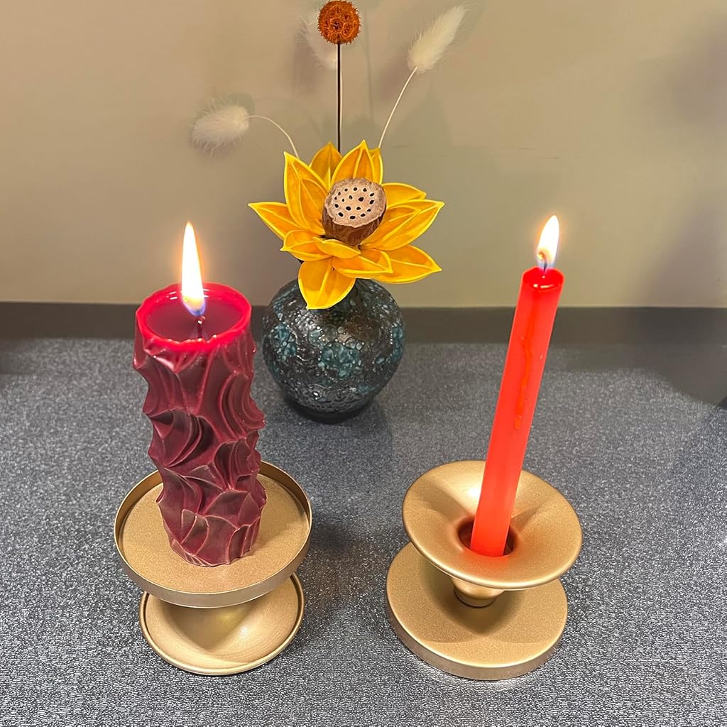 HASTHIP® 2 pcs Gold Candle Holders Metal Candle Stand for Pillar & Taper Candles Stylish Tabletop Candle Tray for Home Decor, Weddings & Special Occasions