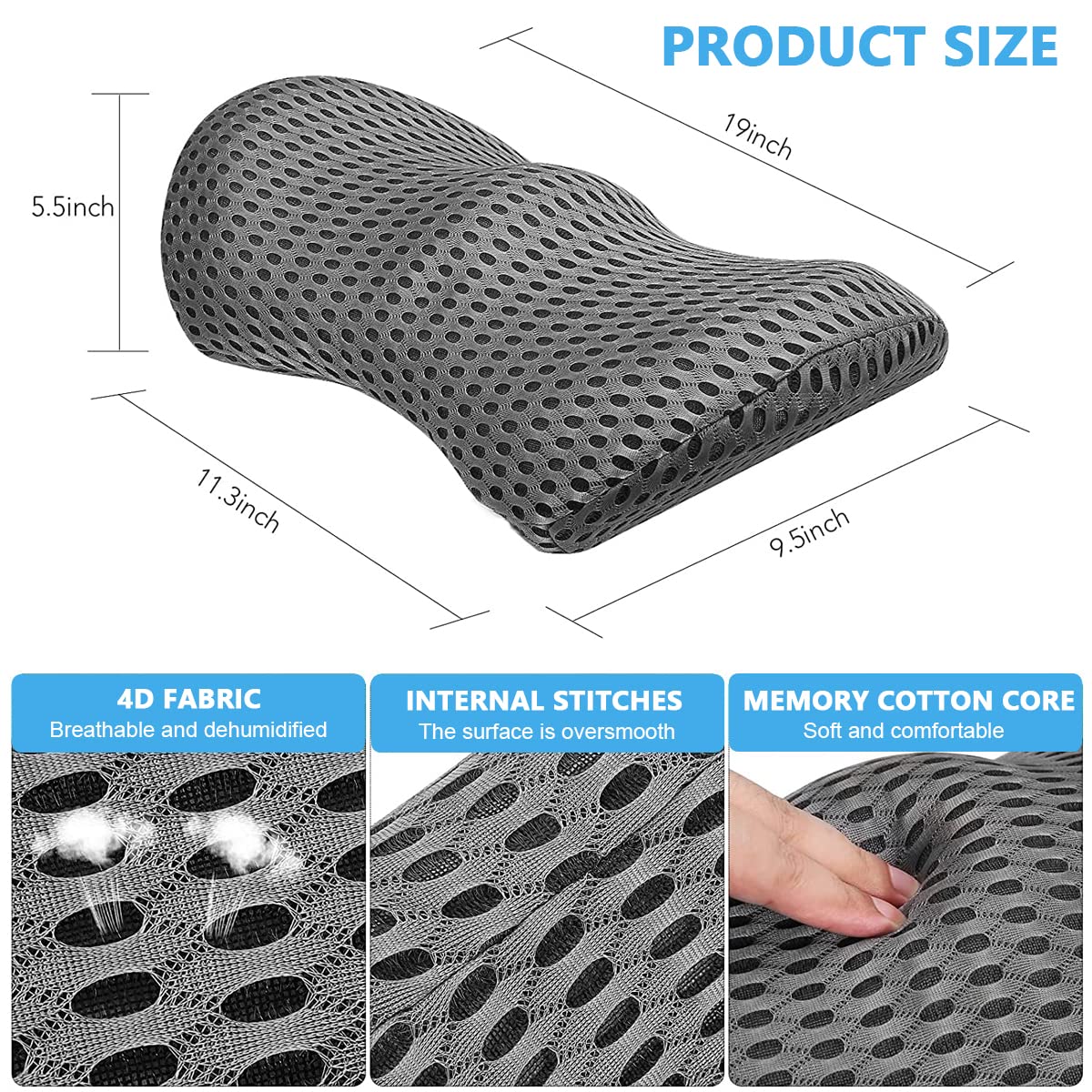 HANNEA Lumbar Support Pillow for Sleeping Ergonomic Back Pillow Lumbar Pillow for Low Back Pain Relief, Memory Foam Back Support Cushion for Bed, Office Chair, Car Seat, Grey