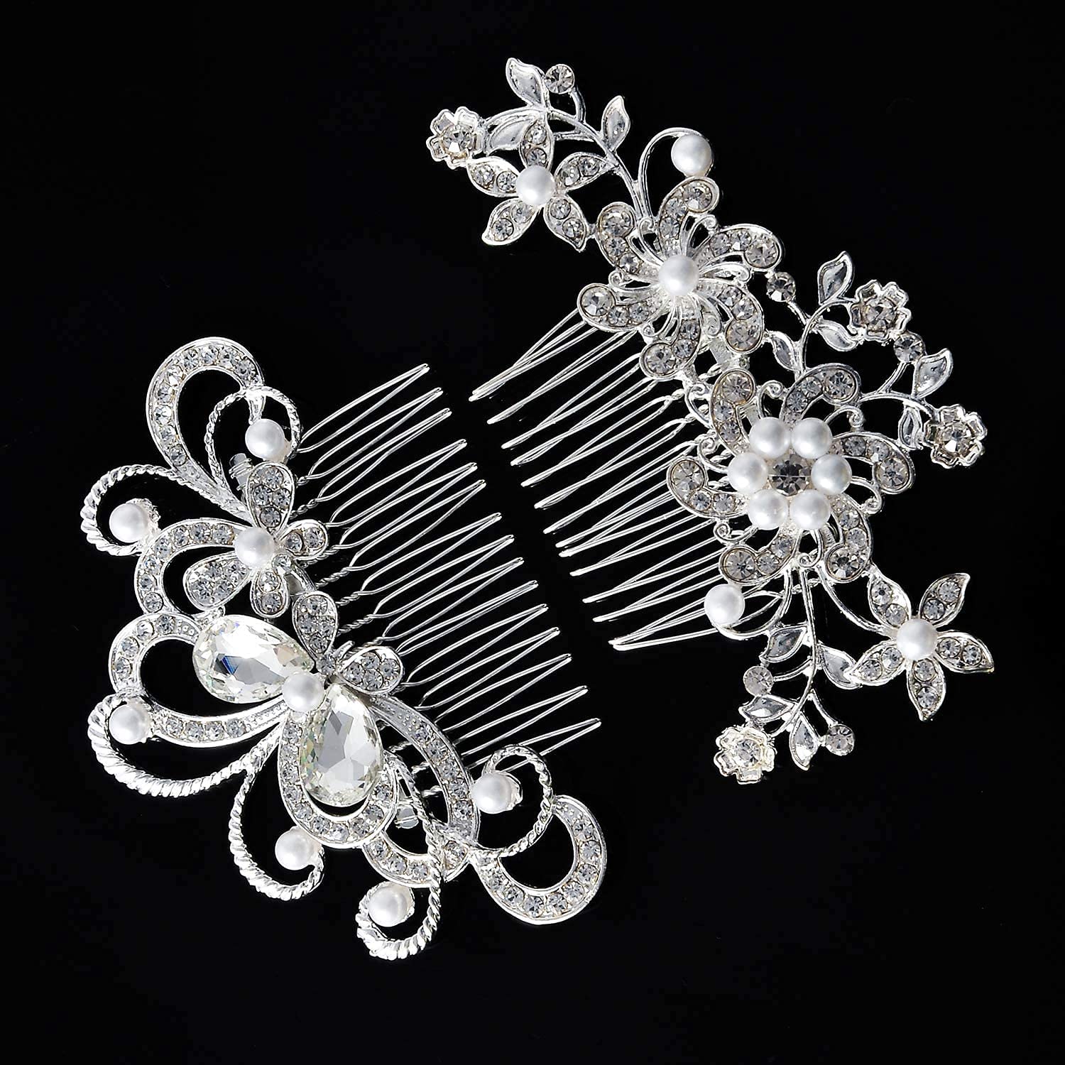 PALAY 2 Pcs Bridal Hair Clips-Dainty Flowered Headpiece White Cream Flower Beads Hair Comb Vintage Crystals Hair Comb Hair Accessory for Women & Girls
