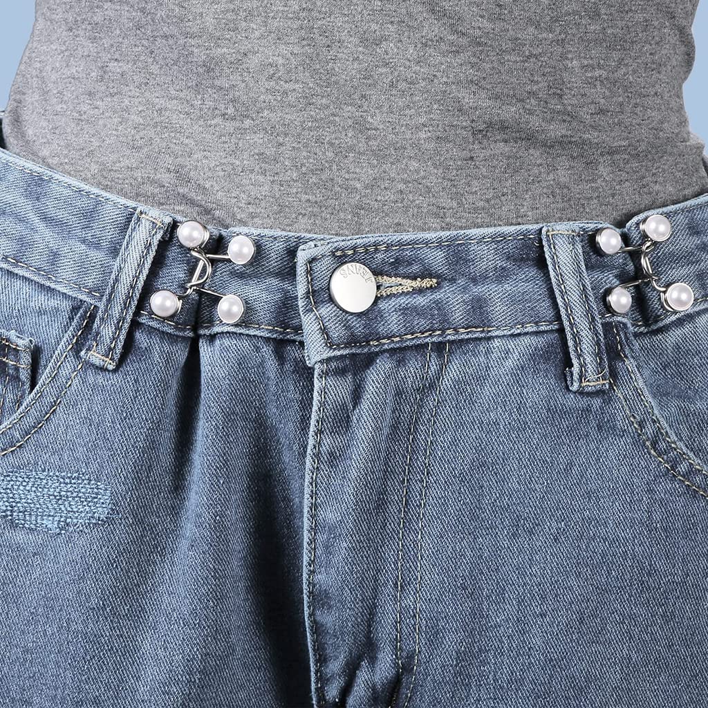 SANNIDHI 6 Pack Detachable Jeans Button Pins, Instant Adjustable Waist Buckle for Loose Jeans, Pearl Crystal Jeans Waist Adjuster Tightener for Pants, Skirt (No Sew Required)