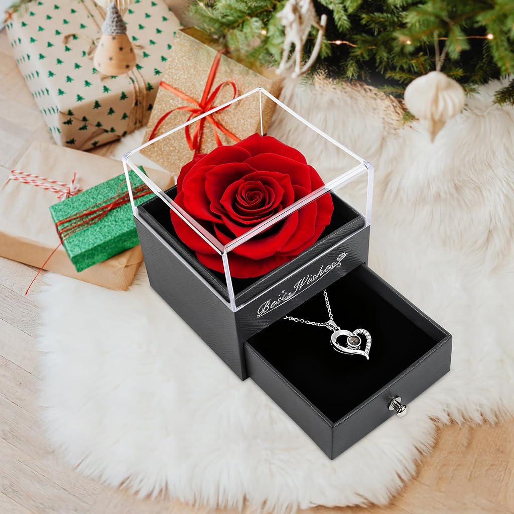 HASTHIP hristmas Rose Gifts For Women,Preserved Rose Birthday Gifts For Women,Red Preserved Flowers Gifts for Her,Fresh Real Rose Flower With Necklace for Mom,Grandma,Wife Gifts For Christmas