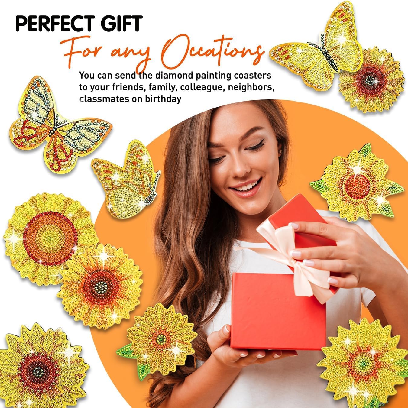 HASTHIP 10Pcs Sunflower Diamond Painting Coasters with Holder, 5D Full Drill DIY Spring Diamond Art Coaster Acrylic Round Coaster for Beginners Adults and Kids Art Craft Supplies, Style E
