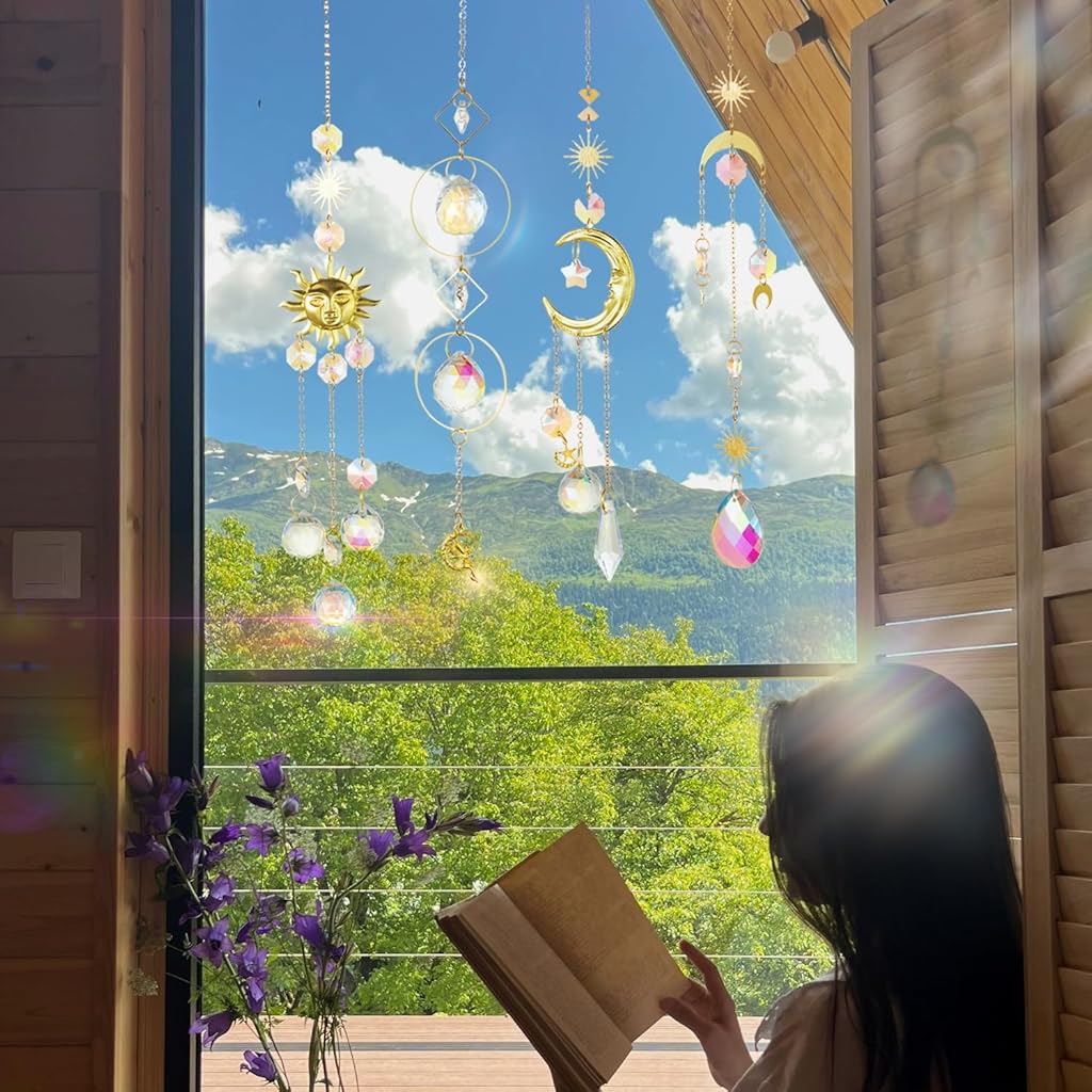 HASTHIP® 4Pcs Crystal Suncatcher for Windows Hanging Decor, Prism Sun Catcher with Chain and Hook