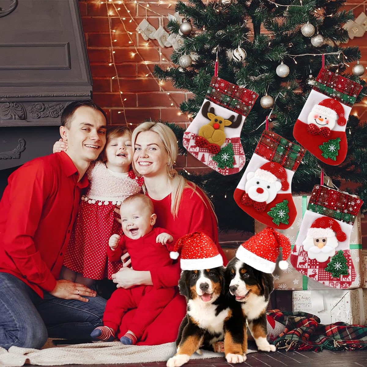 HASTHIP 4pcs Red Christmas Stocking 9.8 inch Christmas Gift Stocking with 4 Designs Hanging Christmas Stockings Gift Christmas Stocking Christmas Stocking for Window, Christmas Tree, Door