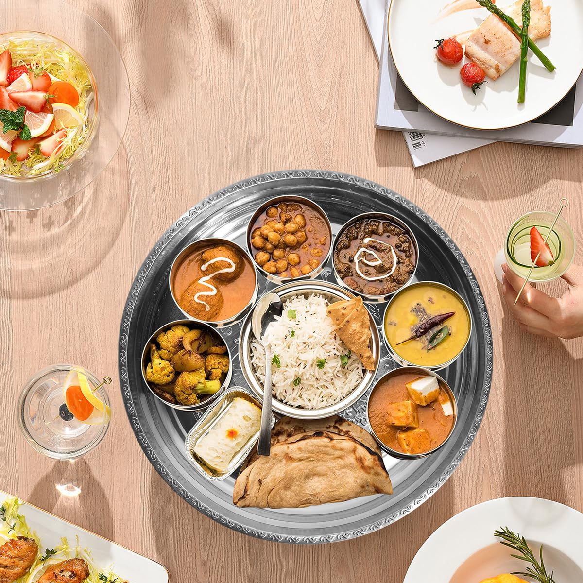 Supvox 6Pcs Stainless Steel Dinner Plates 11.8 Inches Round Shape Embossed Serving Trays Food Grade, Durable, Eco-Friendly, Dishwasher Safe Ideal for Special Occasions and Everyday Use