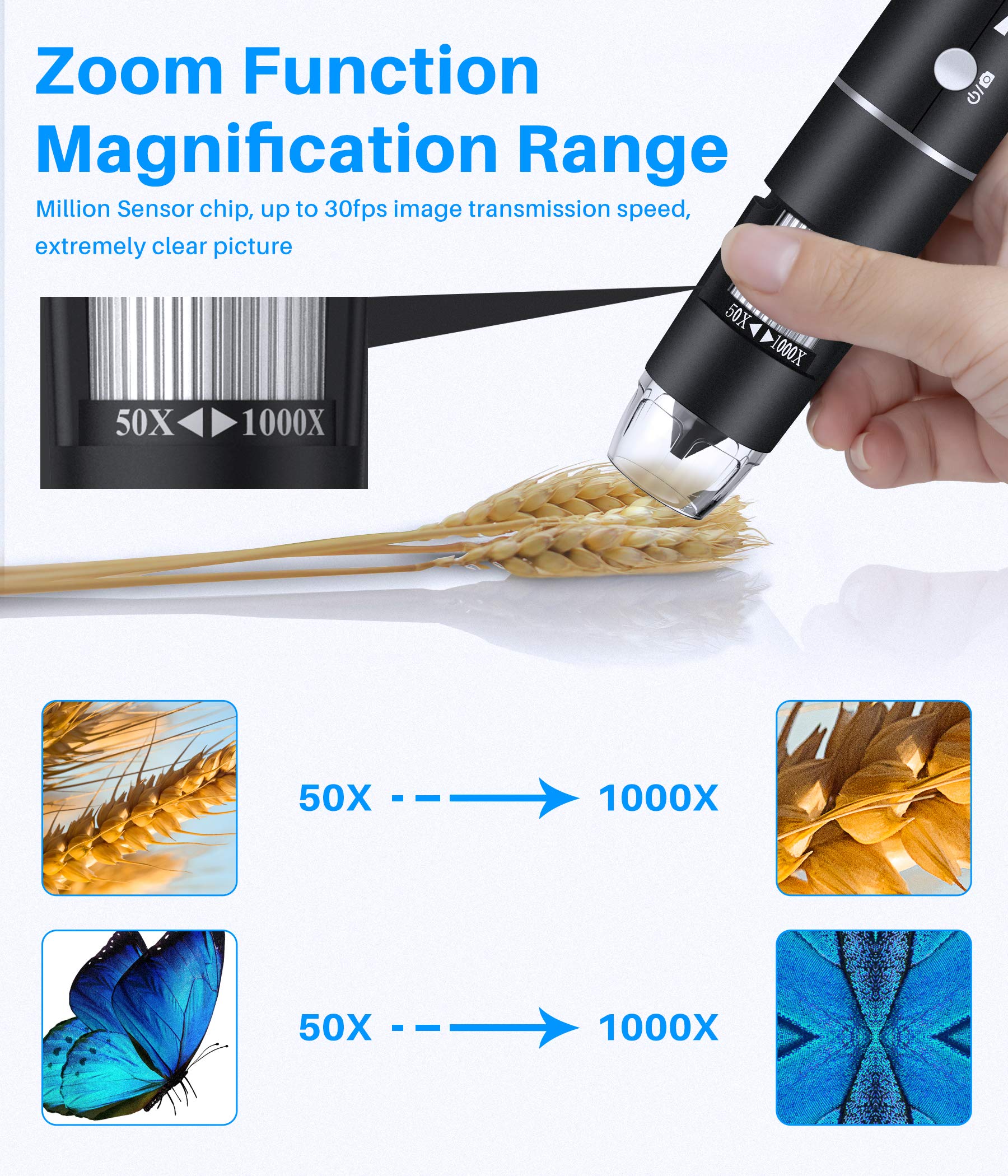 Verilux WiFi Digital Microscope Handheld USB HD Inspection Camera 50x-1000x Magnification with Stand Compatible with iPhone, iPad, Samsung Galaxy, Android, Mac Windows