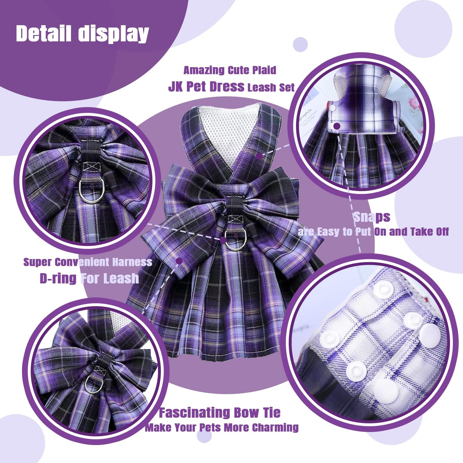 Qpets Dog Cat Dress Dog Skirt Harness with Leash Pet Purple Plaid Bow Tie with Attaching Ring Breathable Polyester Cat Clothes Dog Clothes for Chihuahua Yorkies Small Sized Pet Clothes(Size: S)