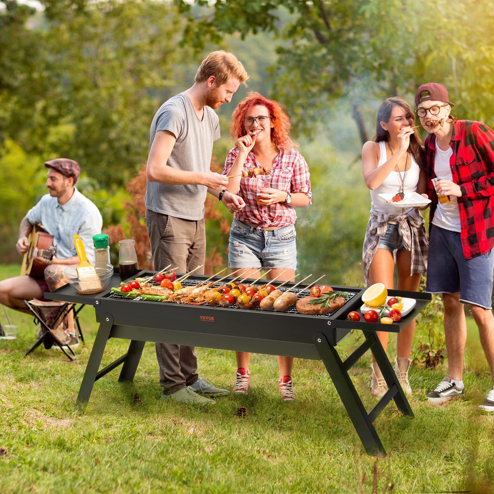 HASTHIP 60cm Portable and Foldable BBQ Grill Set for Home with Condiment Table, Charcoal BBQ Grill Set for Picnic, Outdoor Camping, Travelling, Backyard