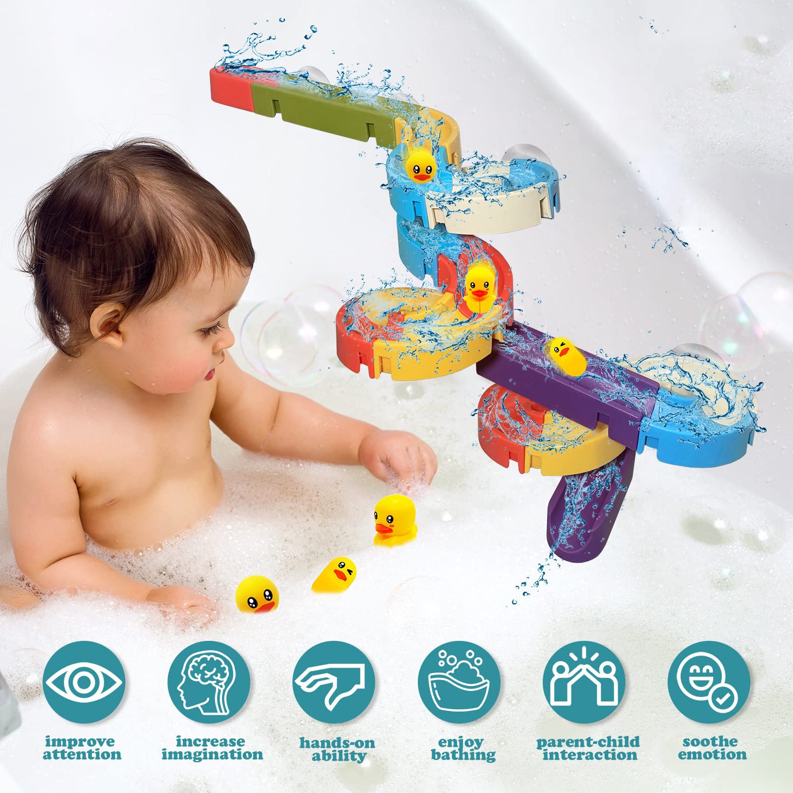 PATPAT Assembly Toy for Kids Color Sliding Rail Toy Water Sliding Toy with Mini Duck Toys Suction Cup Mounting Rail Toy Sensory Toy DIY Bath Toy for Kids Age 3+ Birthday Gift, Children's Day Gift