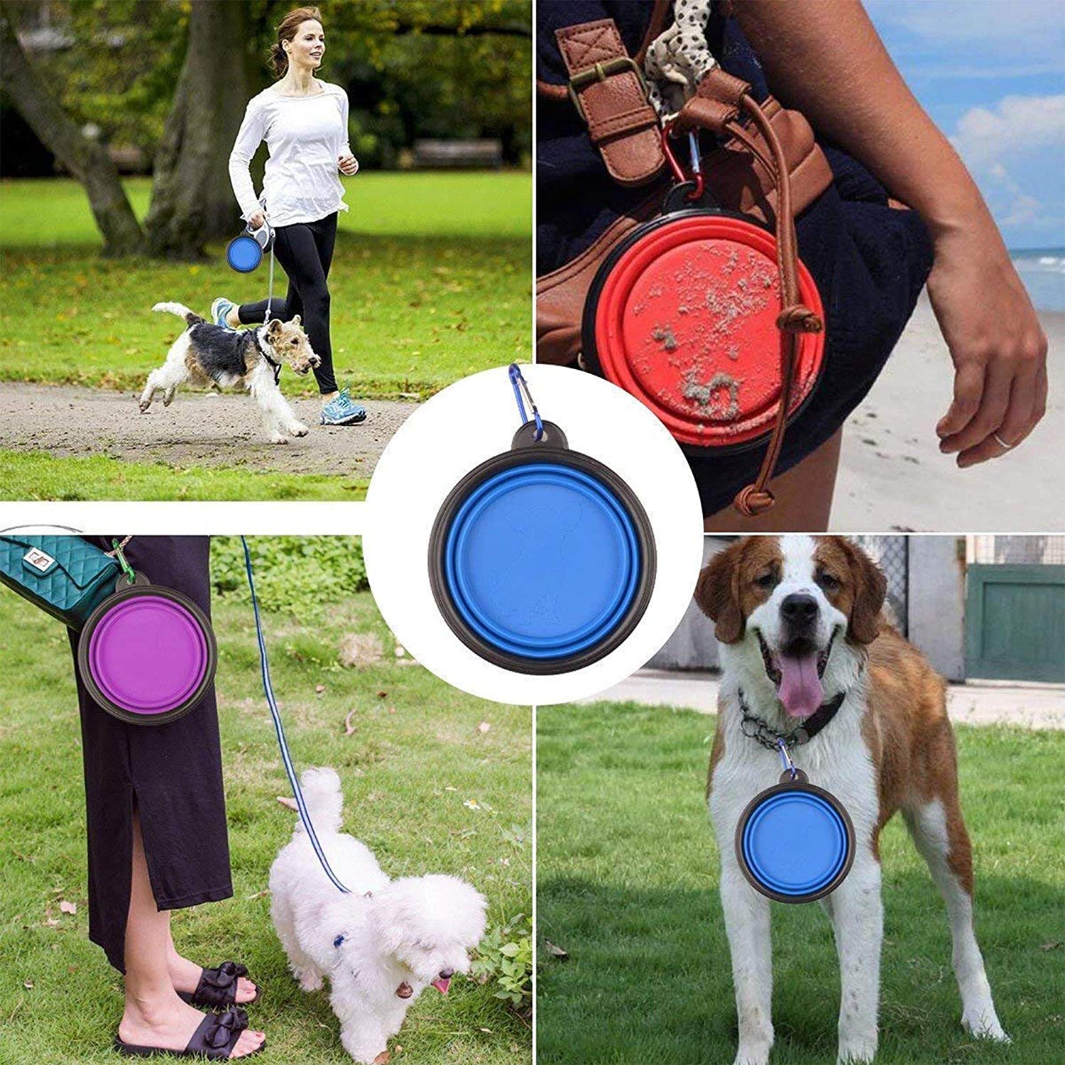 Qpets Collapsible Silicone Dog Bowl, Foldable Expandable Cup Dish for Pet Cat Food Water Feeding, Portable Travel Bowl with a Free Hook - Blue