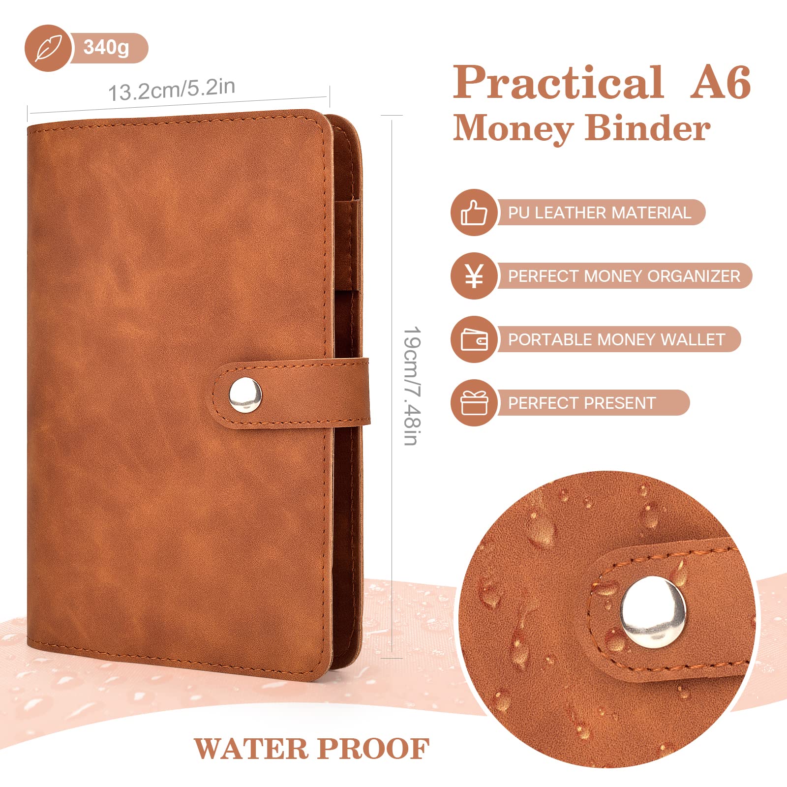 HASTHIP File Folders for Documents Ring Binder Notebook Set, A6 PU Leather File Folder with 12 Envelopes, 12 Budget Sheets, 2 Label Stickers, 1 Ruler, Executive File Clip Stationery Supplies