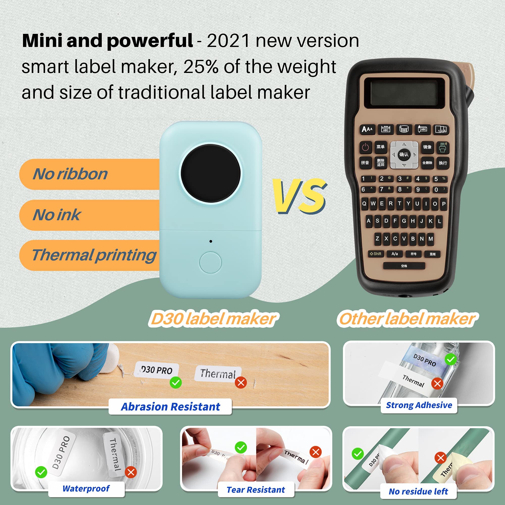 HASTHIP D30 Label Maker,Sticker Maker Machine with One Tape Inkless Small Bluetooth Label Printer for iOS and Android Thermal Inkless Printer for Home Office-White