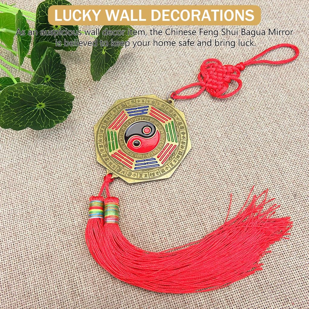 HASTHIP Chinese Feng Shui Bagua Mirror Feng Shui Bagua Brass Mirror Yin Yang Chinese Zodiac Engraved Bagua Mirror Auspicious Red Chinese Knot Bagua Chien Kun Mirror Wall Home Decor, 10cm