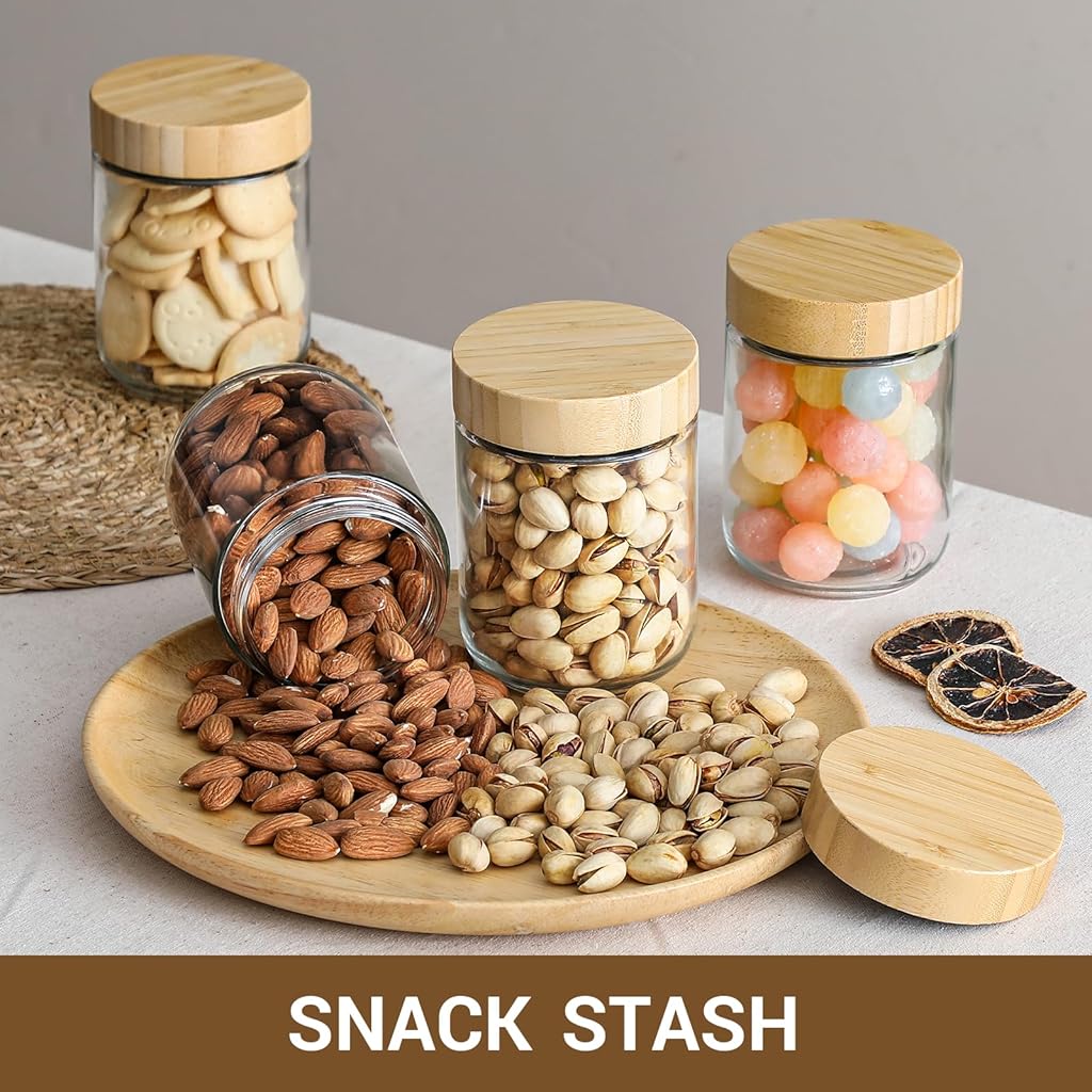 HASTHIP® 16Oz Airtight Glass Jar with Wooden Lid, Kitchen Seasoning Jar Fashion Clear Mason Jars Food Containers Food Storage Glass Bottles for Coffee Beans, Seasoning, Condiment