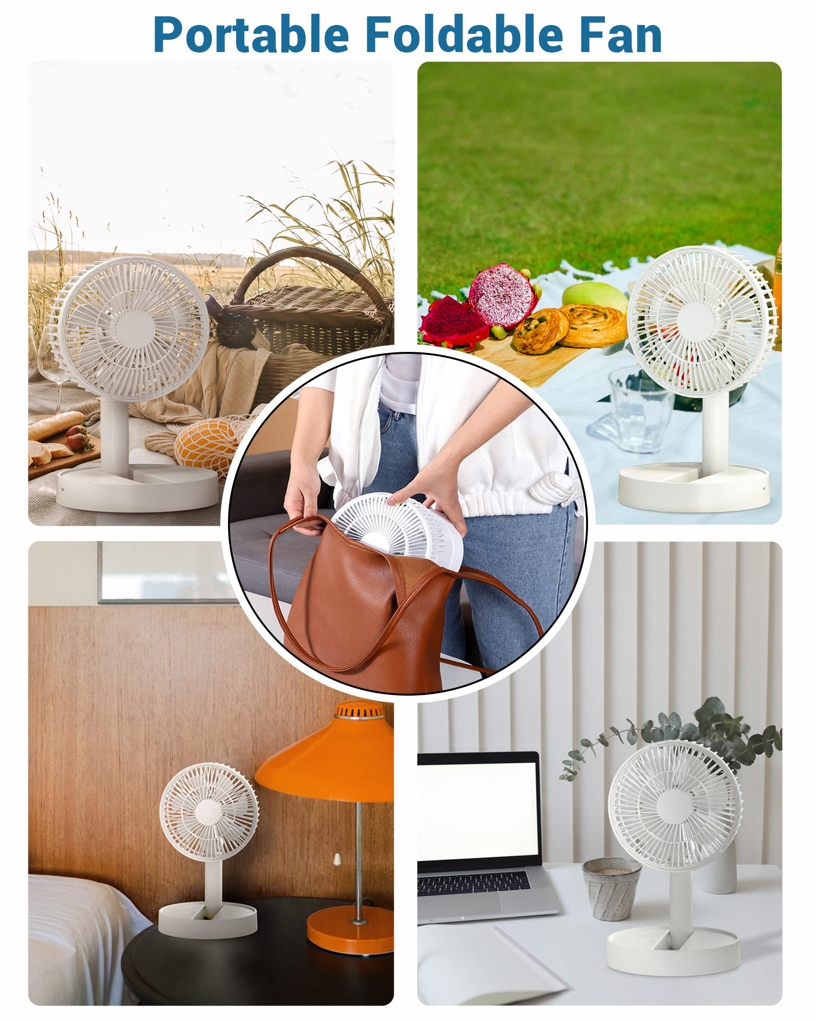 Verilux Mini Desk Fan, 6 Inch Retractable Foldable USB Fan with 4 Speed Settings, 3600mAh Battery Rechargeable Fan, Portable Cooling Fans for Bedroom, Home and Outdoor