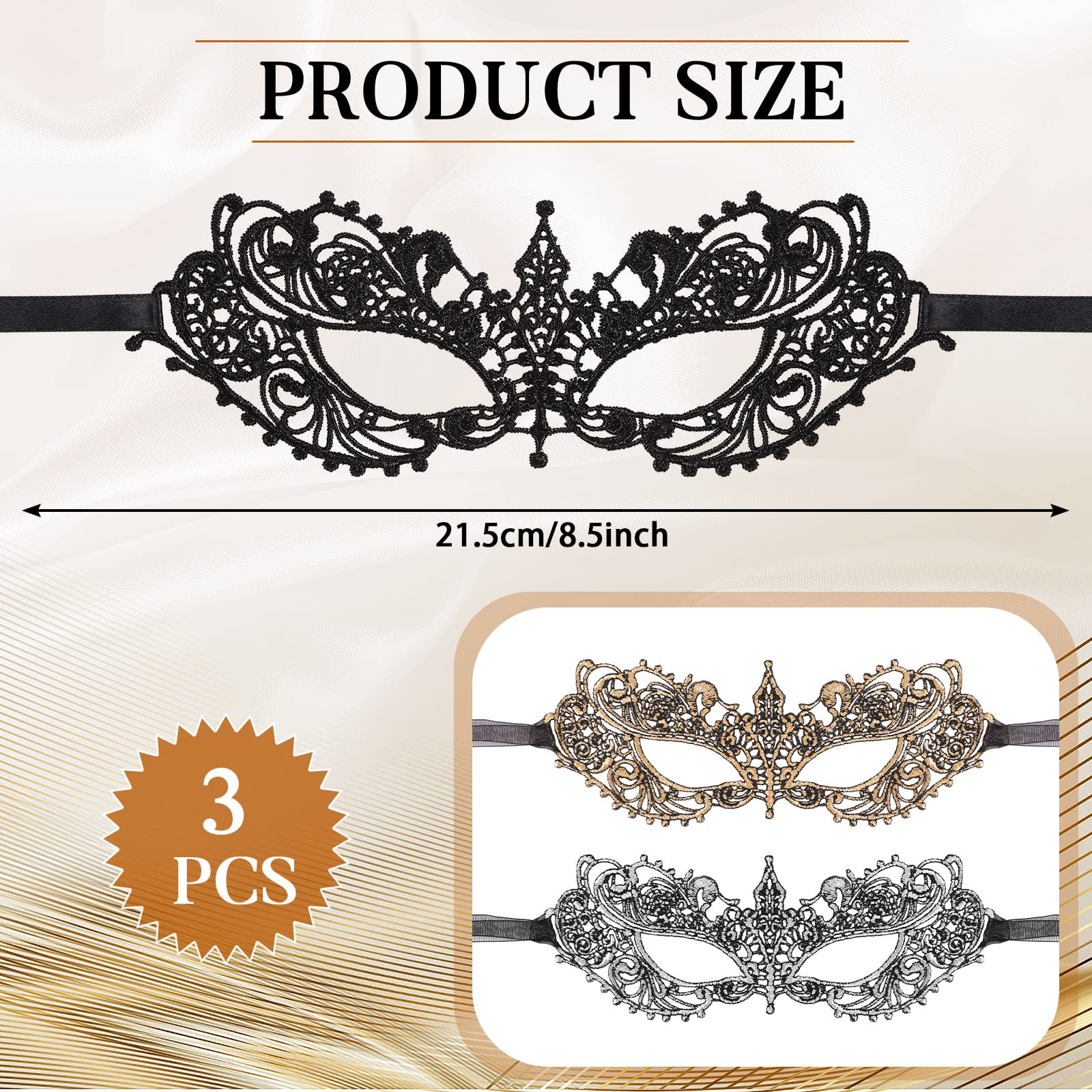 PATPAT 3Pcs Masquerade Masks Lace Eye Mask, Women Halloween Mask Lady Girl Party Mask for Party Masquerade Costume Halloween (Black+Gold+Silver)