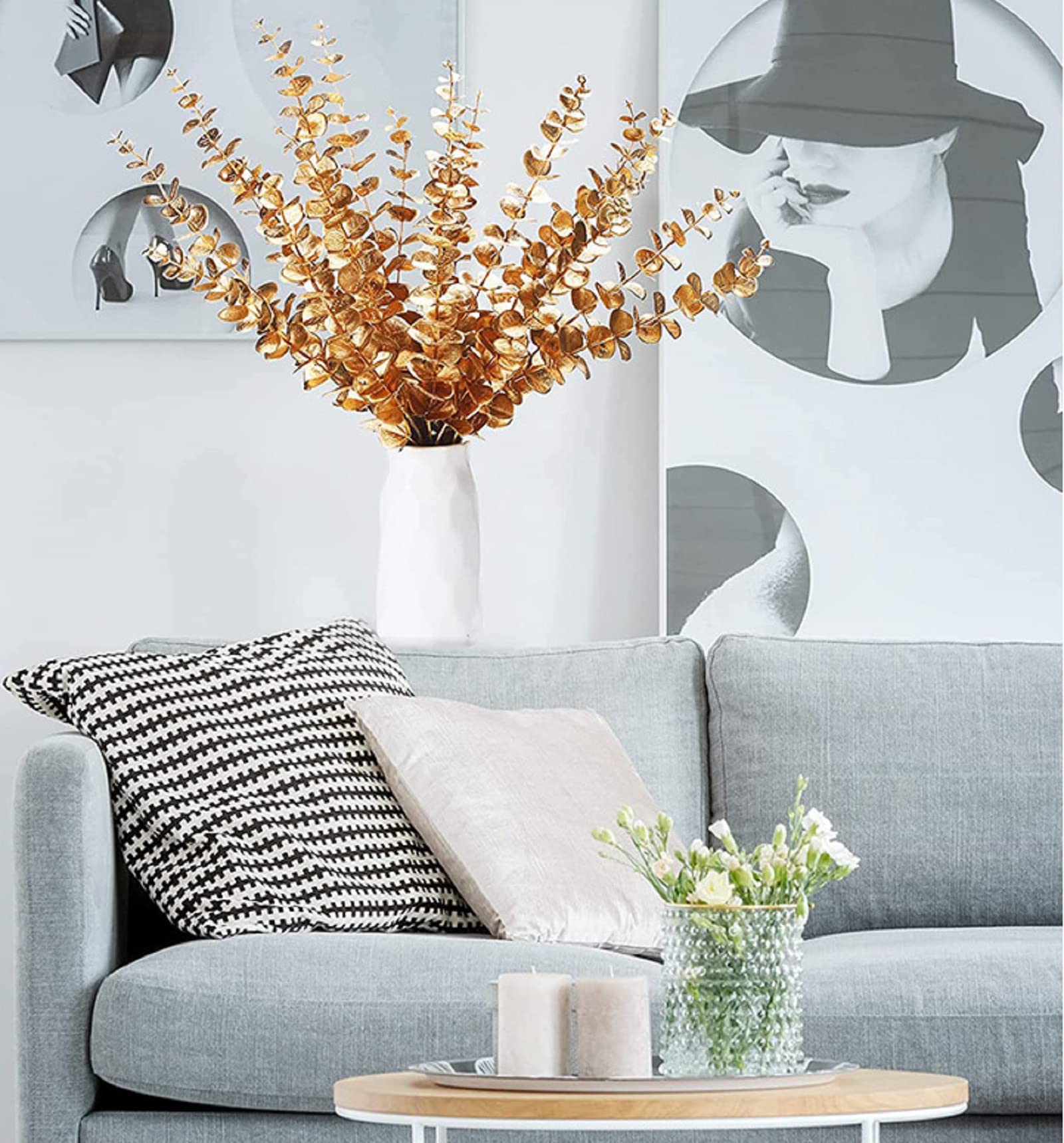 HASTHIP 20Pcs Golden Eucalyptus Leaves Artificial Plants for Home Decor, Fake Leaves Artificial Leaves Branches Artificial Flowers for Wedding, Arrangement, Room Decoration, 16