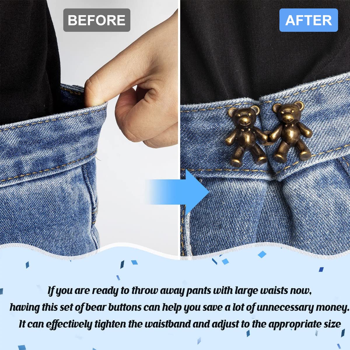 SANNIDHI 8 Pairs Detachable Jeans Button Cute Bear Button Pins for Jeans, No Sew Instant Adjustable Waist Buckle Loose Jeans Waist Adjuster Tightener for Skirt Pants