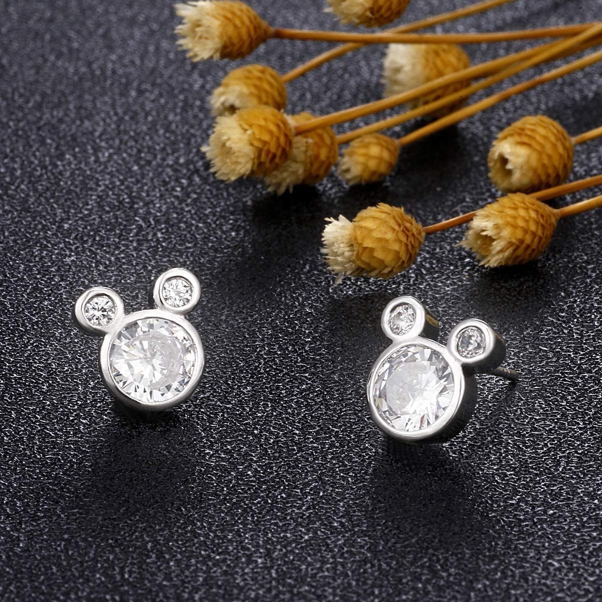 SANNIDHI 1 Pair Silver Earrings for Women Fashion Ear Stud, Sweet Micky Studs Rhinestones Inlaid Studs Earrings for Women Girls Jewelry Gift