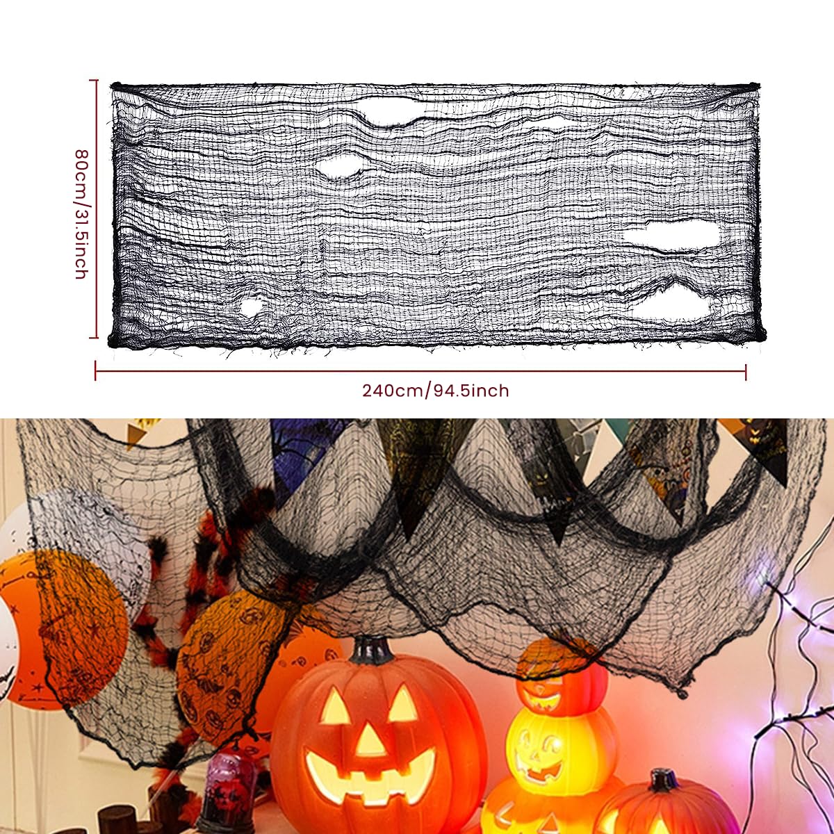 HASTHIP Halloween Black Creepy Cloth, 31.5 X 94.5inch Spooky Cheesecloth Gauze Hanging Fabric for Scary Halloween Party Haunted House Doorway Window Wall Home Yard Outdoor Decorations