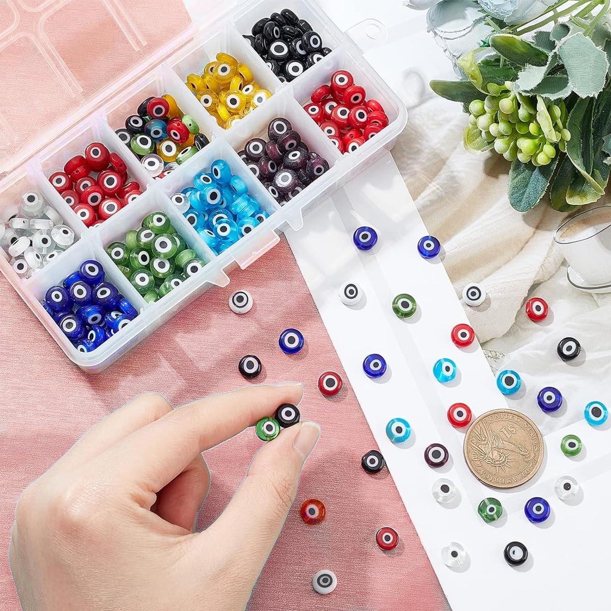 SANNIDHI 200pcs Evil Eye Beads Kit 8mm 10 Colors Resin Evil Eye Bracelet Making Beads for Jewellery Making Necklace Keyring Charms DIY with Scissors, Elastic Strings Set for Kids Women