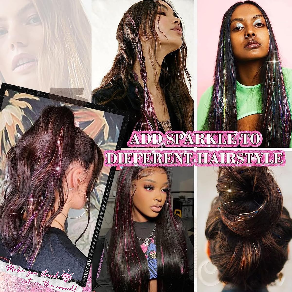 MAYCREATE 6pcs Hair Tinsel Clip-in Glitter Hair Extensions for Women, 20.5in Pink Shiny Tinsel Strands, Heat Resistant Fairy Sparkle Hair Accessories for Girls Kids Festival Cosplay Party Gift