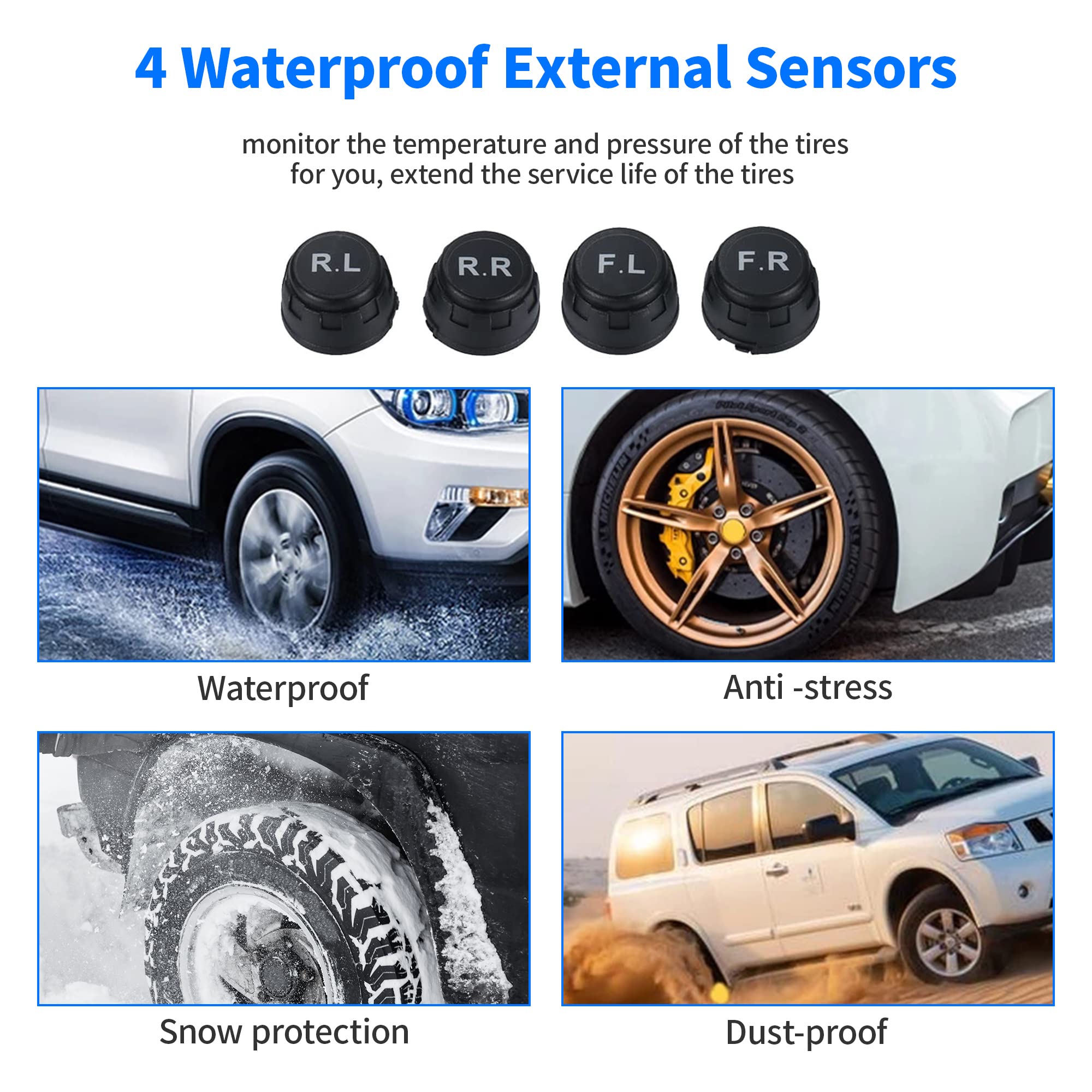 STHIRA Tyre Pressure Monitor Tpms For Cars, Solar Car Tyre Pressure Monitoring System For Car With 4 External Sensors, Tire Pressure Monitor With 3 Digital Accrate Real-Time LCD Display, 0-51PSI