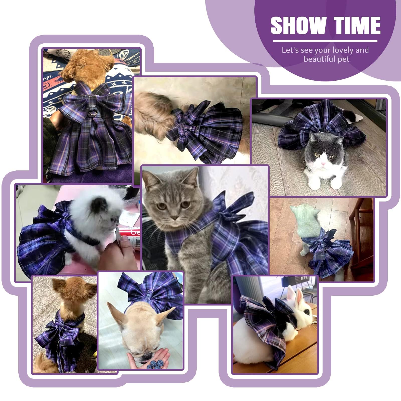 Qpets Dog Cat Dress Dog Skirt Harness with Leash Pet Purple Plaid Bow Tie with Attaching Ring Breathable Polyester Cat Clothes Dog Clothes for Chihuahua Yorkies Small Sized Pet Clothes(Size: S)