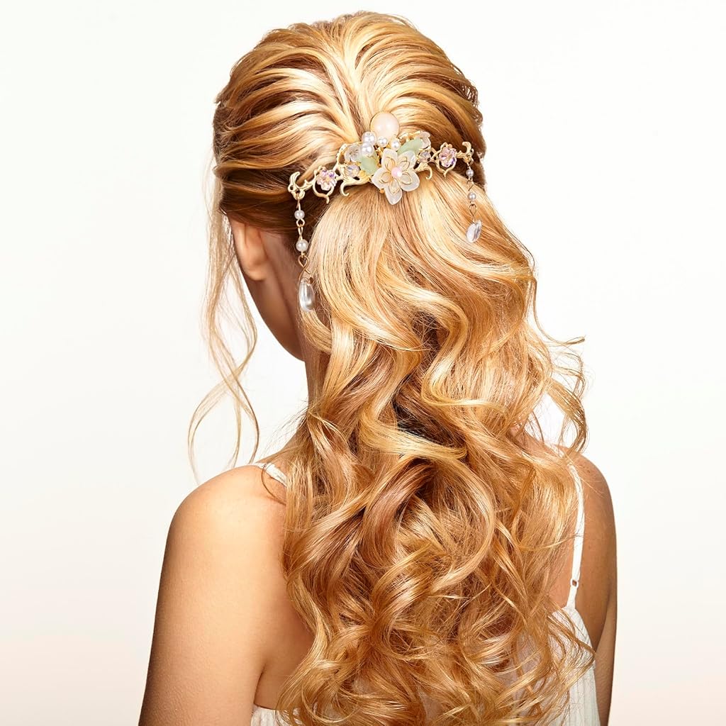 SANNIDHI® 5PCS Orchid Flower Tassels Hairpin, Crystal Rhinestone Pearl Hair Clips Retro Floral Brides Hair Accessories Jewelry for Women Girls Updo Long Hairs