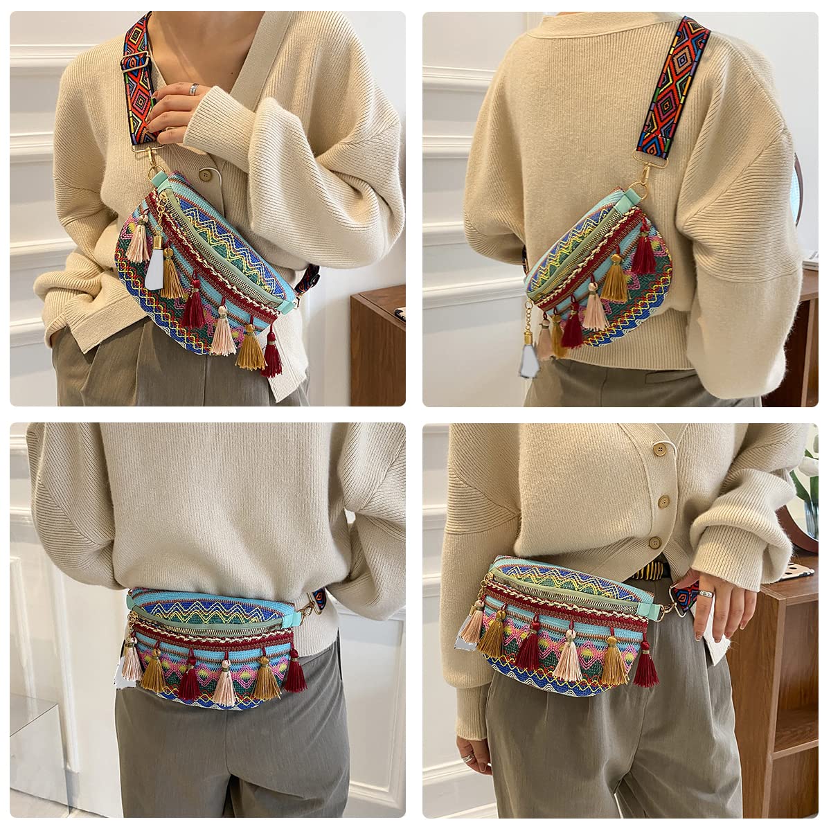 PALAY Chest Bag for Women Adjustable Waist Bag for Women Exotic Boho Crossbody Shoulder Bag Tassel Design Chest Bag for Women Travel Bag