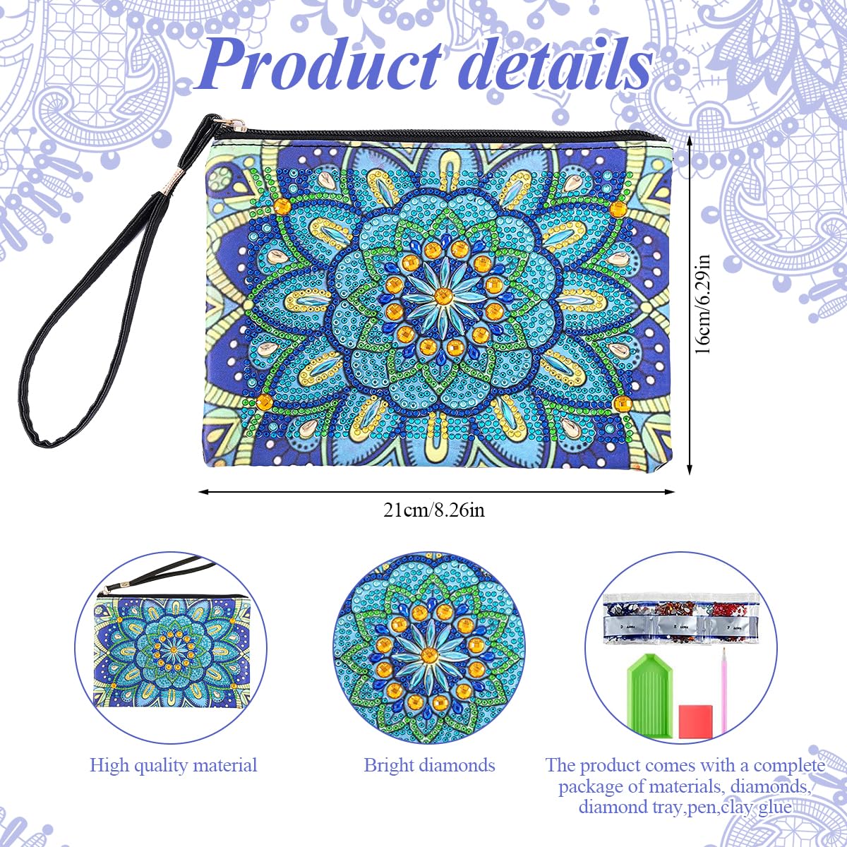 HASTHIP DIY Makeup Bag Diamond Painting Art Material Kit with Color Gem Packs, Tools & Accessories, Blue Mandala Diamond Painting Utility Bag with Lanyard DIY Diamond Craft Gift, 8.26x6.29 inches